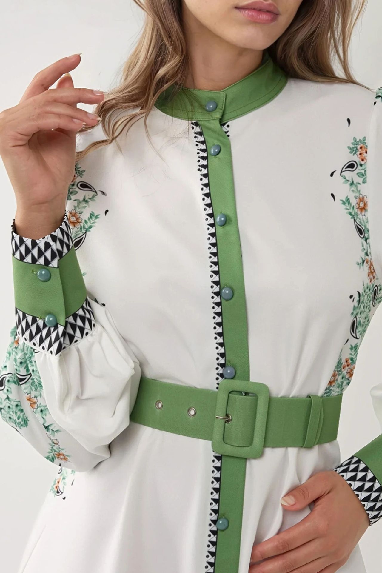 Printed Crew Neck Mini Dress with Belt