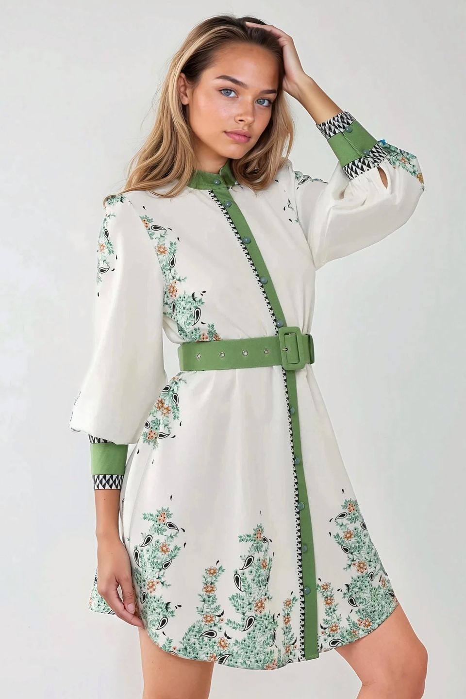 Printed Crew Neck Mini Dress with Belt