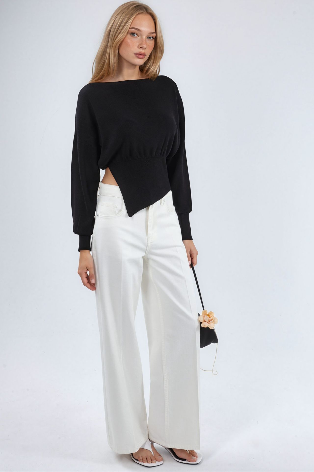 Mercerized Look Boat Neck Knit Sweater with Slit Detail 3