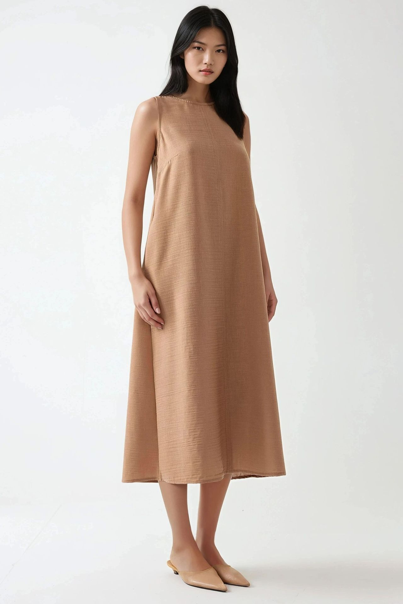Linen Feel Sleeveless Crew Neck Midi Dress