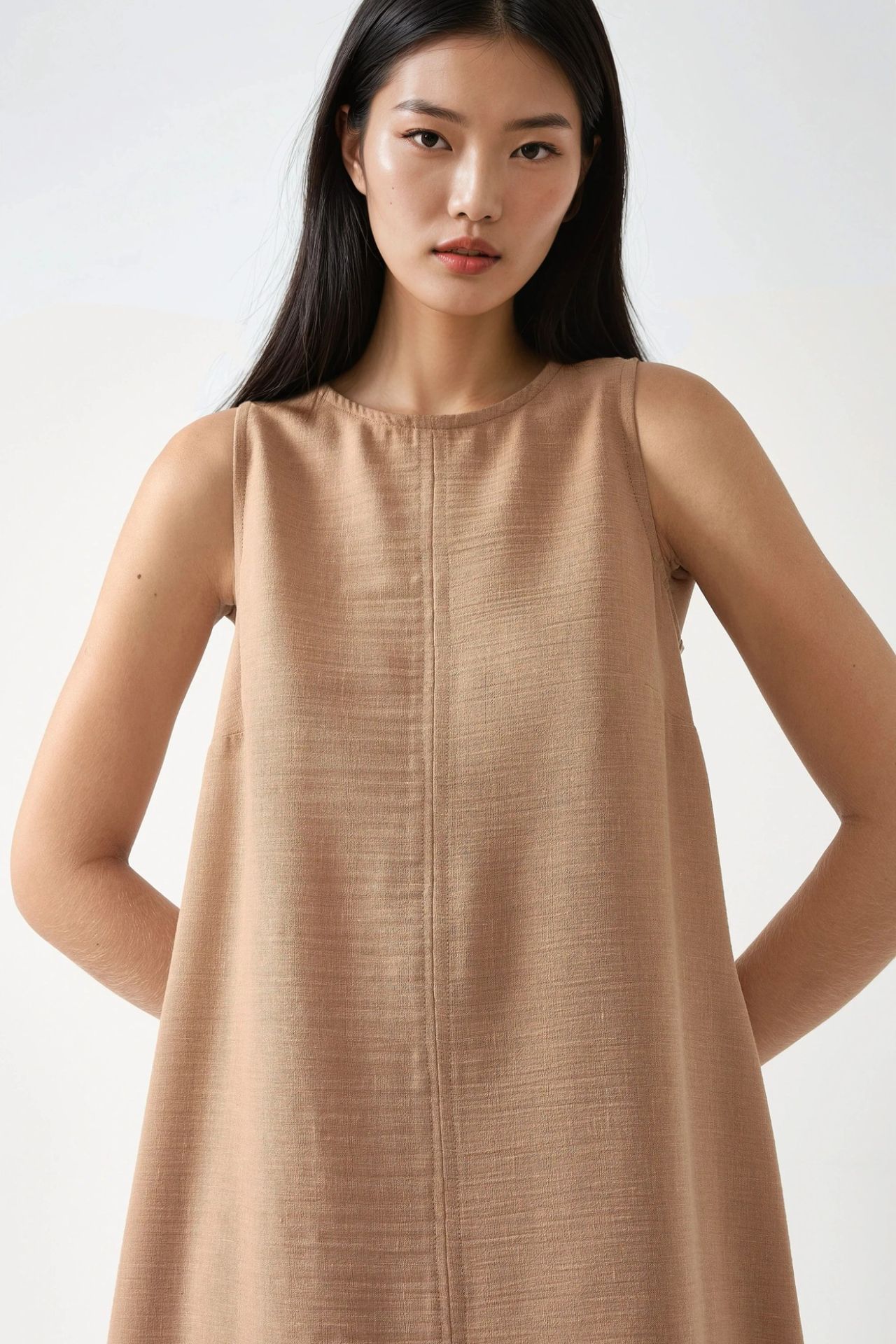 Linen Feel Sleeveless Crew Neck Midi Dress
