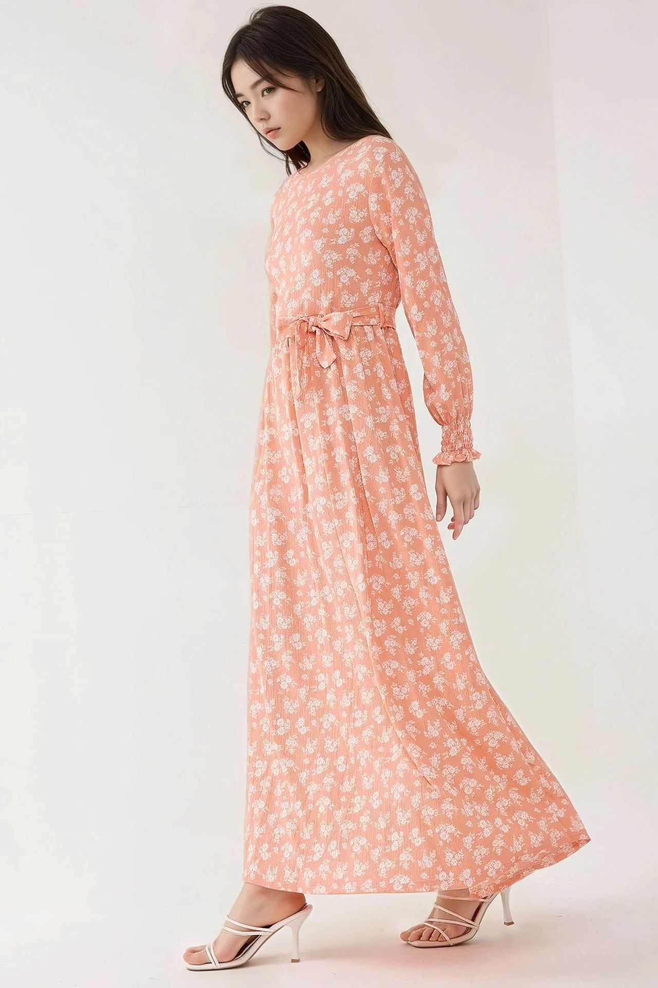 Floral Print Long Sleeve Maxi Dress with Belt