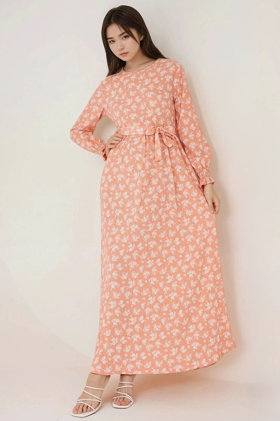 Floral Print Long Sleeve Maxi Dress with Belt