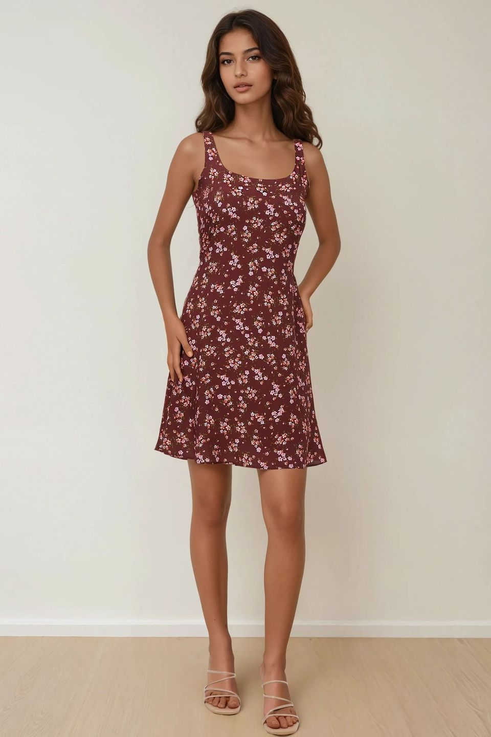 U Collar Printed Fitted Mini Dress