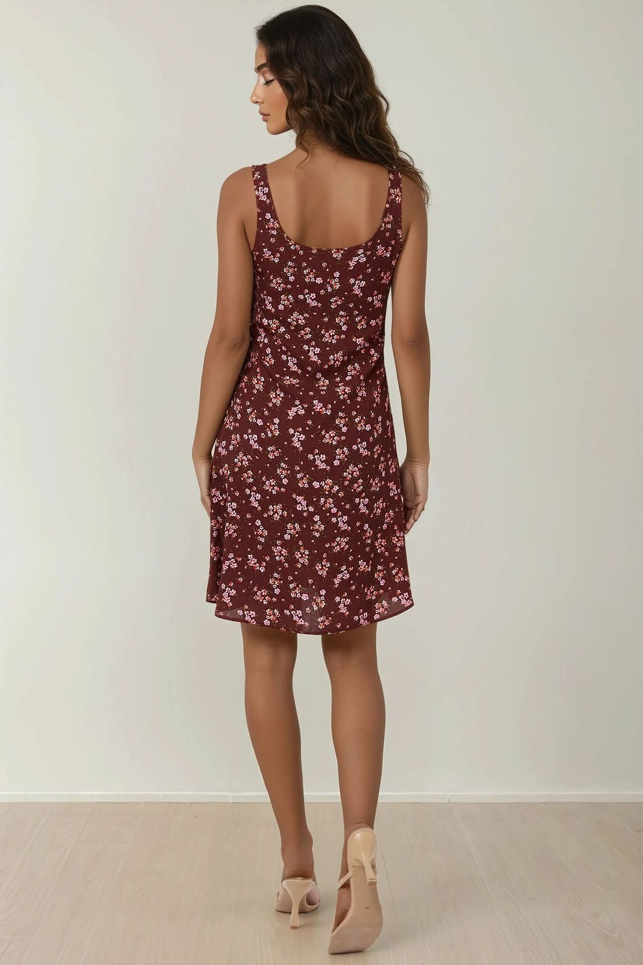 U Collar Printed Fitted Mini Dress
