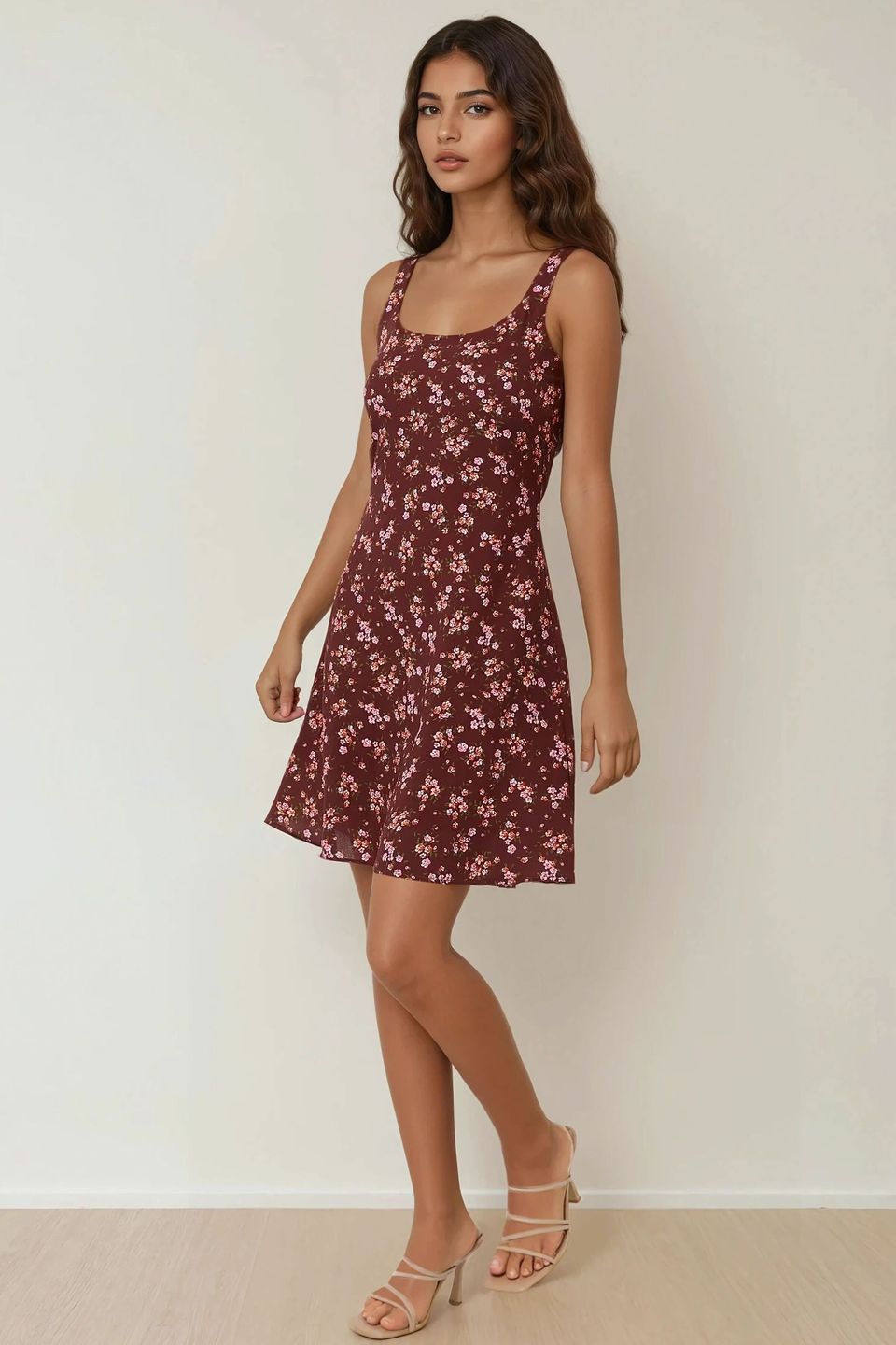 U Collar Printed Fitted Mini Dress