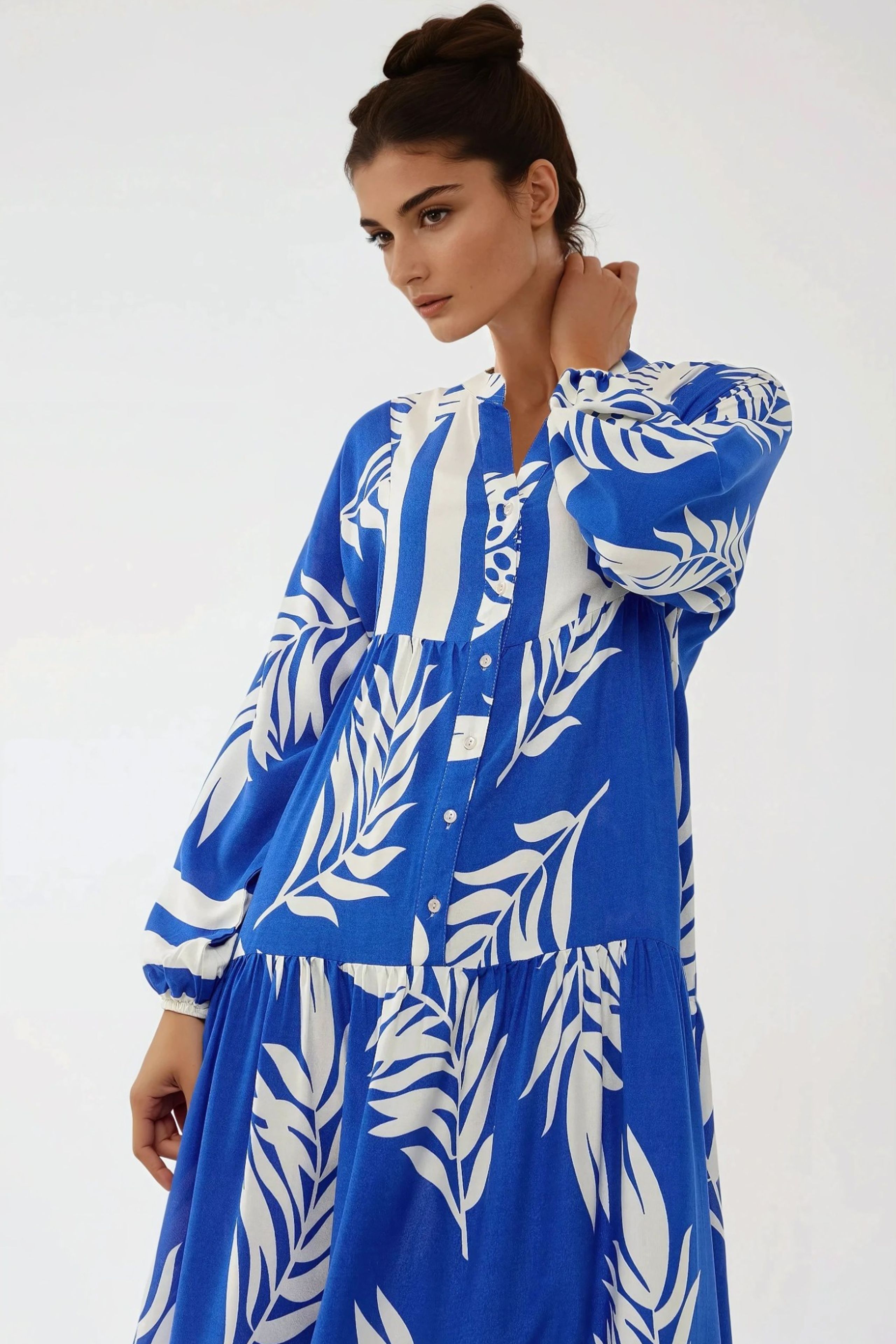 Moroccan Blue Printed Long Sleeve Viscose Maxi Dress Women