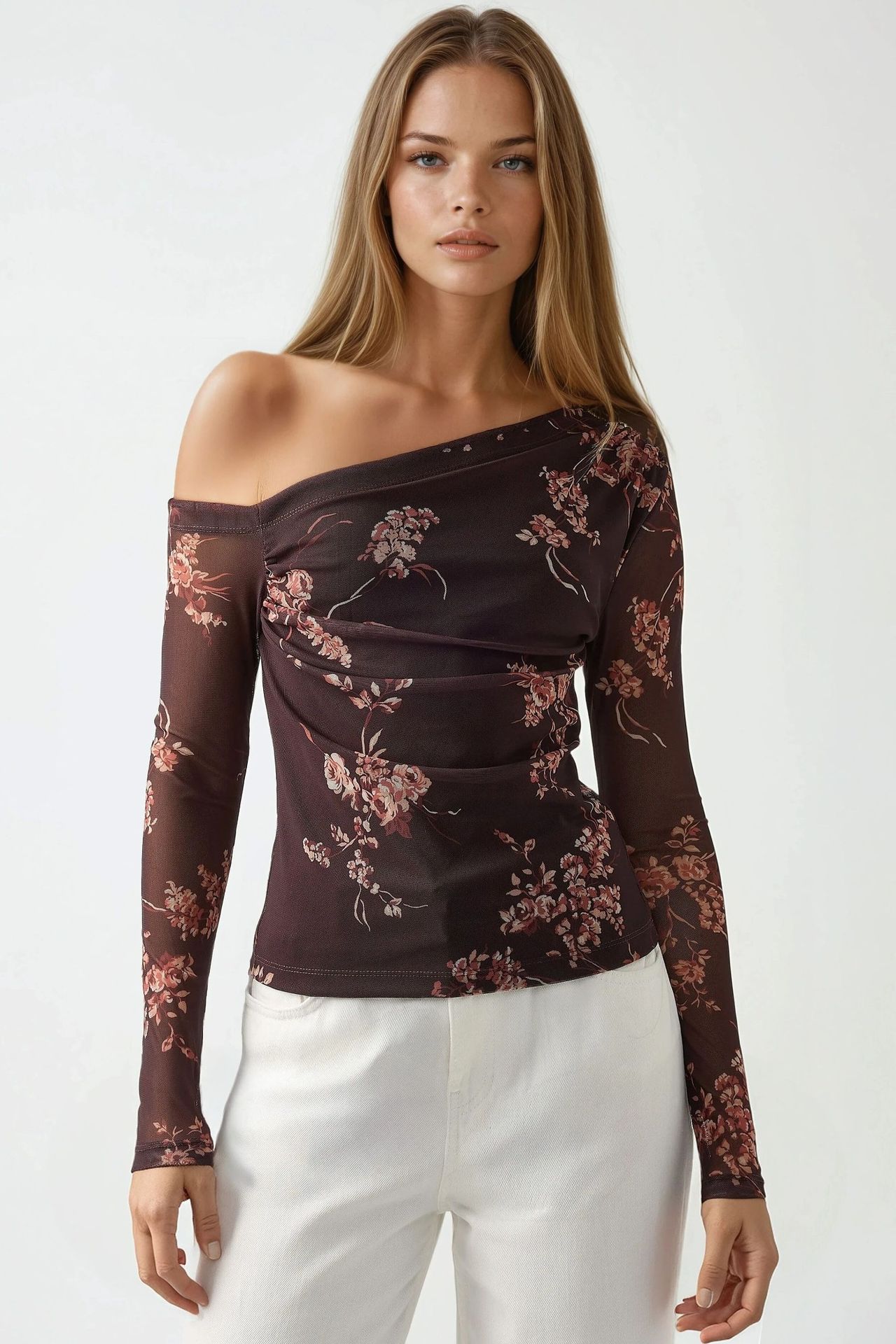 Asymmetrical Collar Tulle Blouse 3