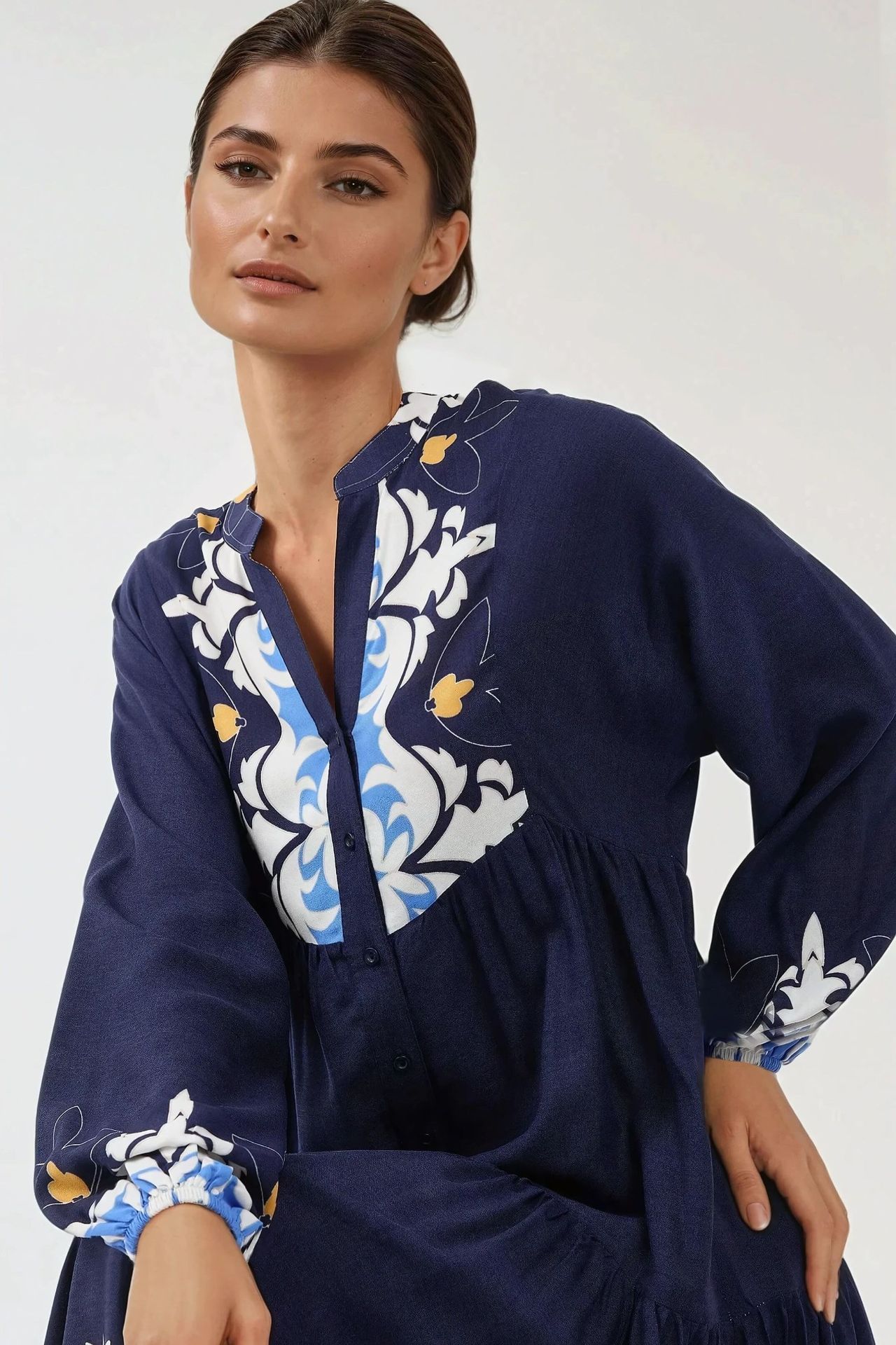 Printed Long Sleeve Viscose Maxi Dress 