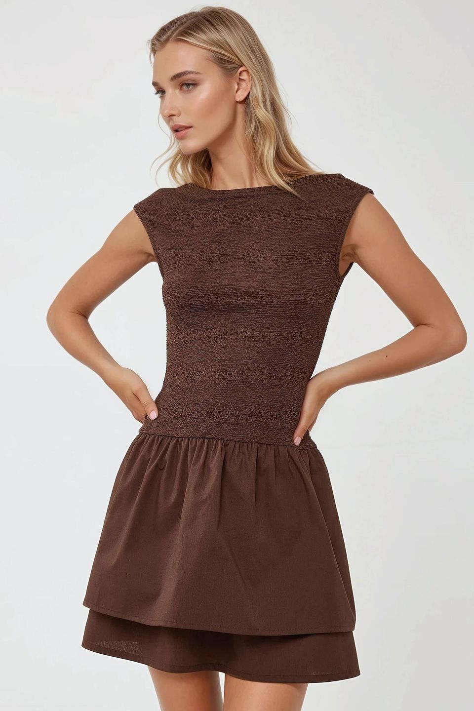 Textured Mini Dress with Crew Neck