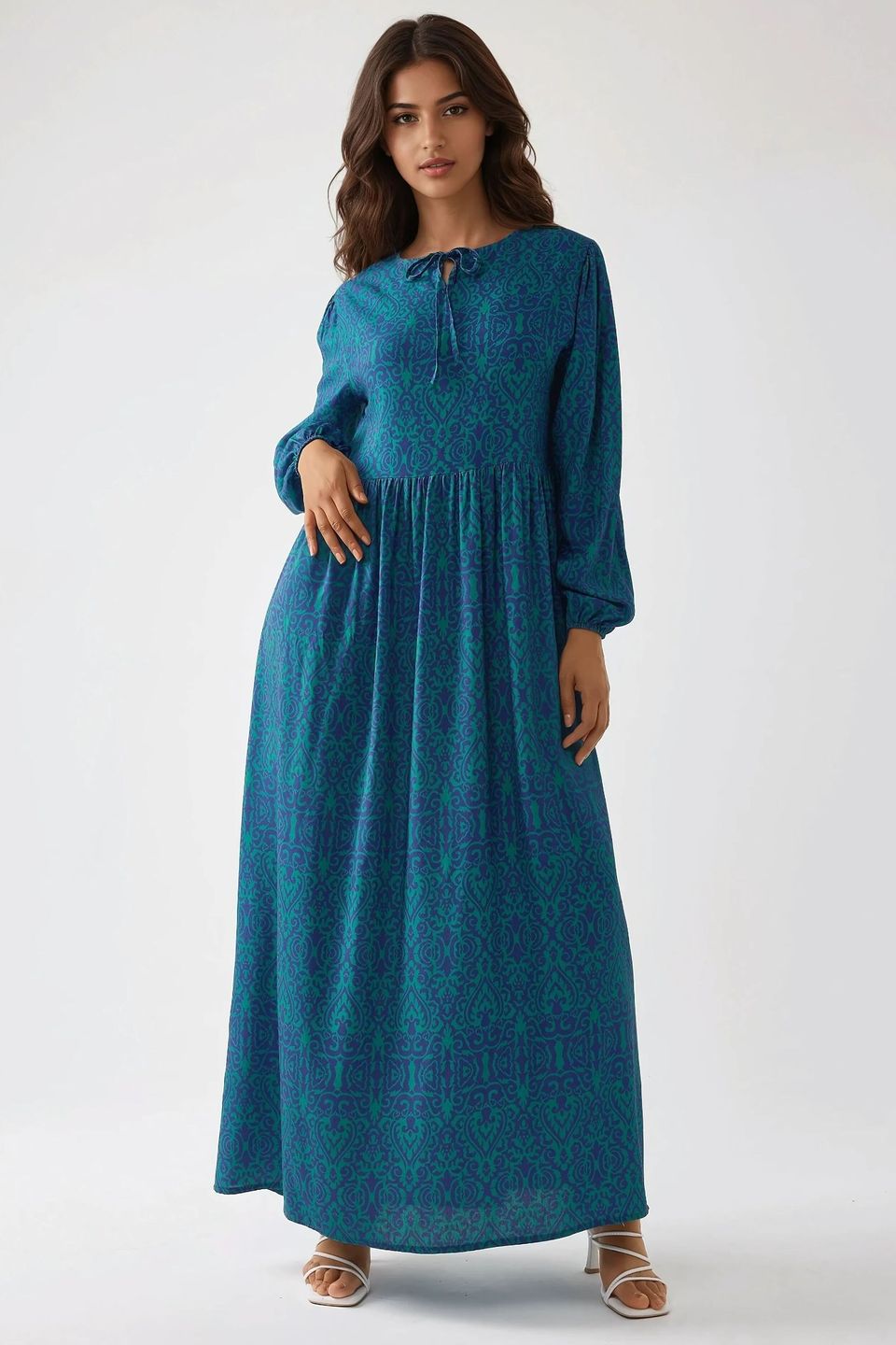 Printed A-Form Maxi Dress with Crew Neck