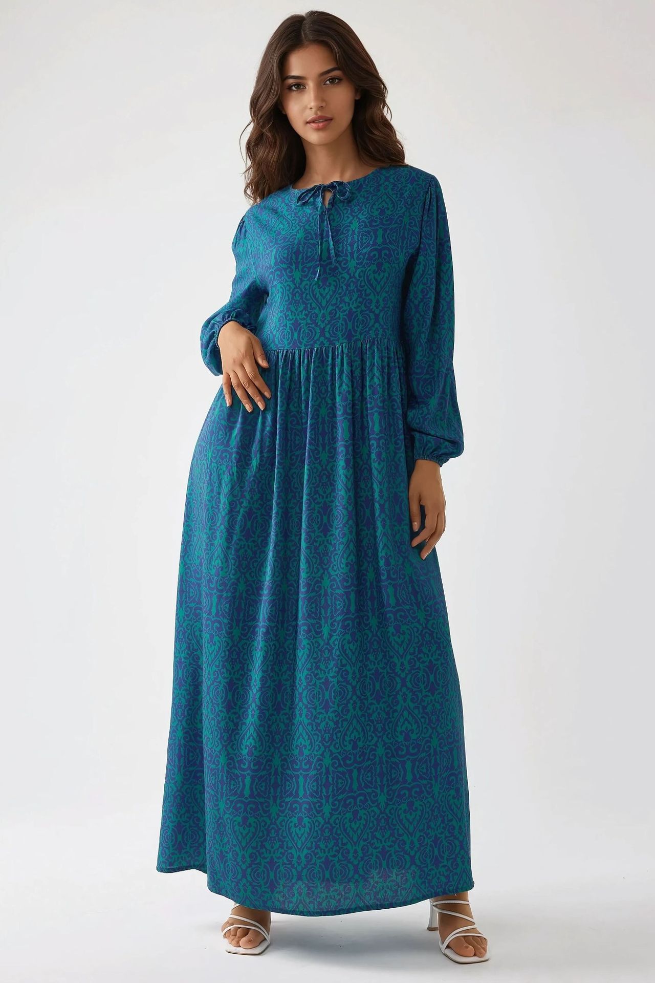 Printed A-Form Maxi Dress with Crew Neck