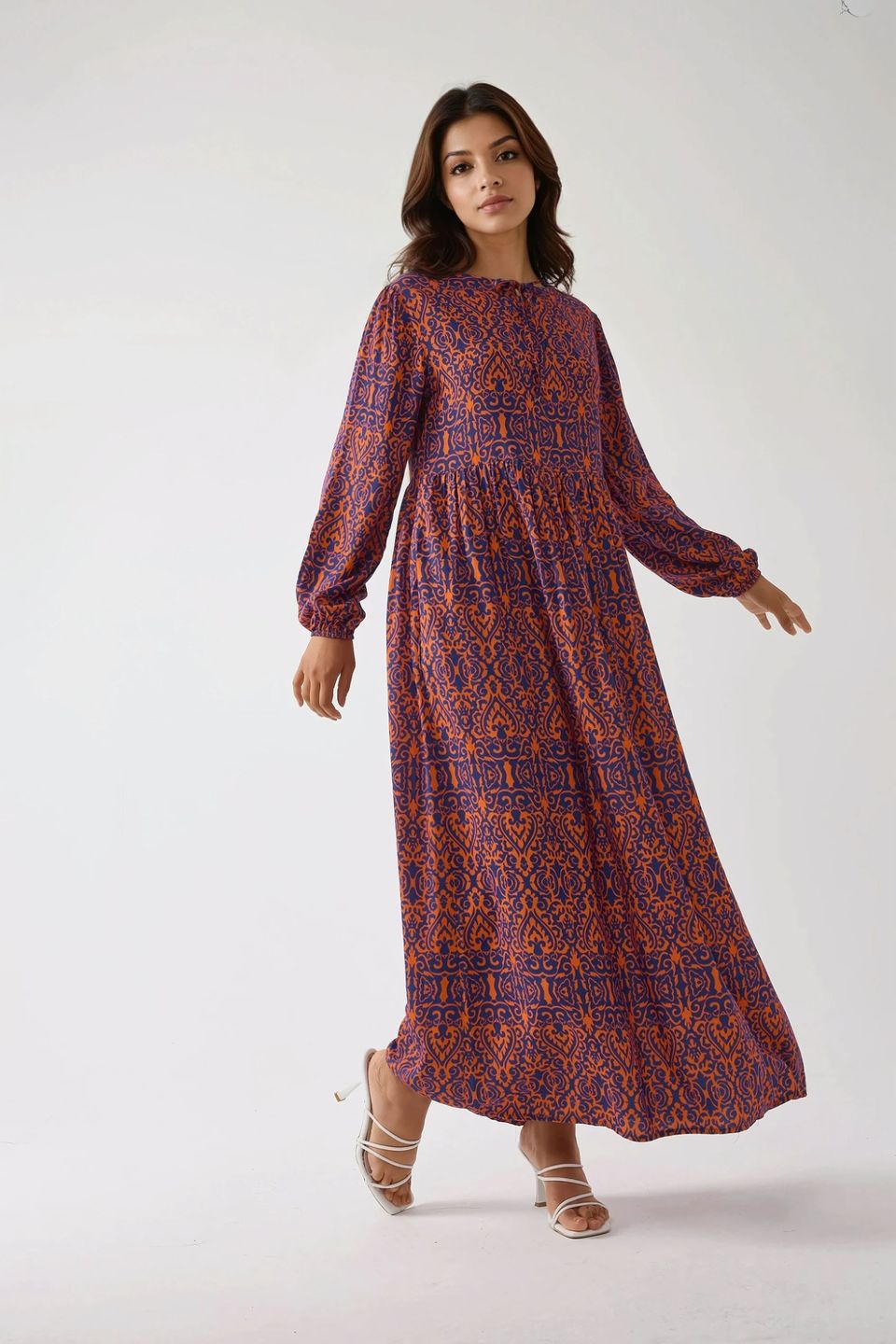 Printed A-Form Maxi Dress with Crew Neck