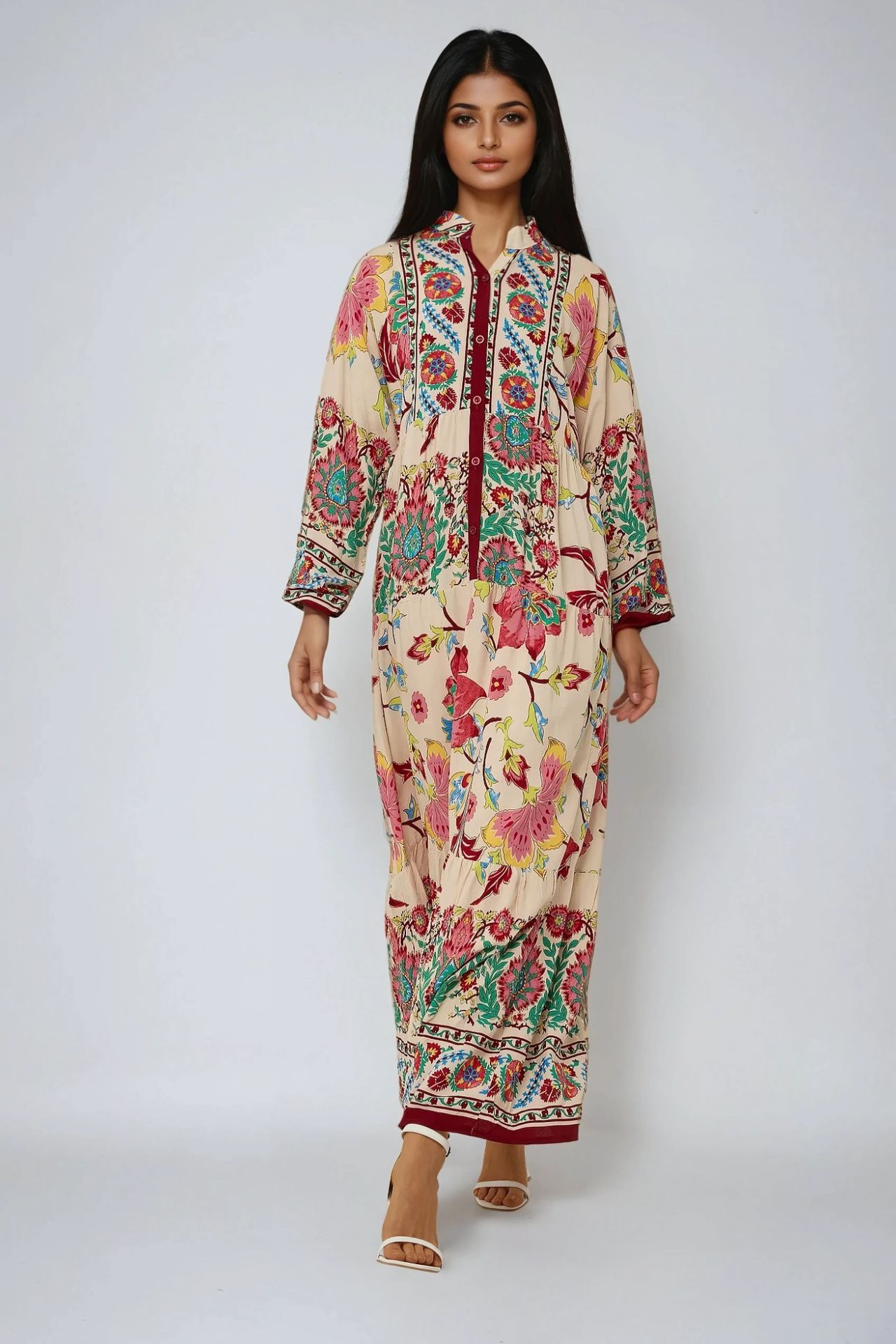 Patterned Maxi Dress with Shirt Collar