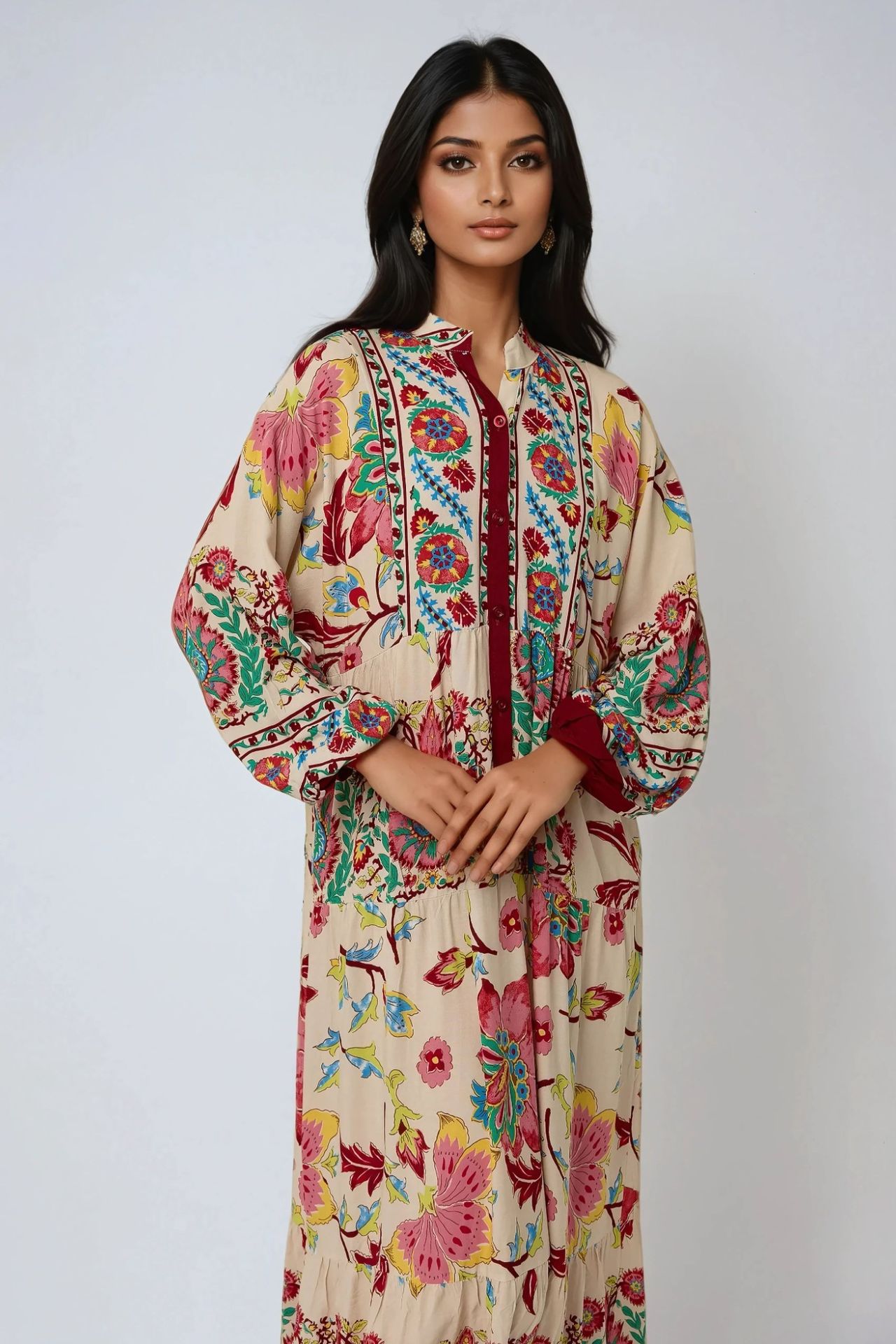 Patterned Maxi Dress with Shirt Collar