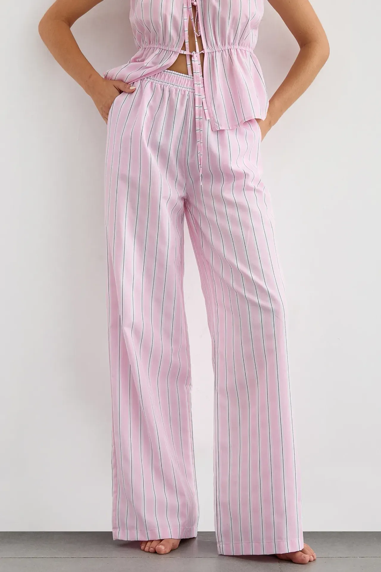 Wide Leg Striped Pants with Elastic Waist