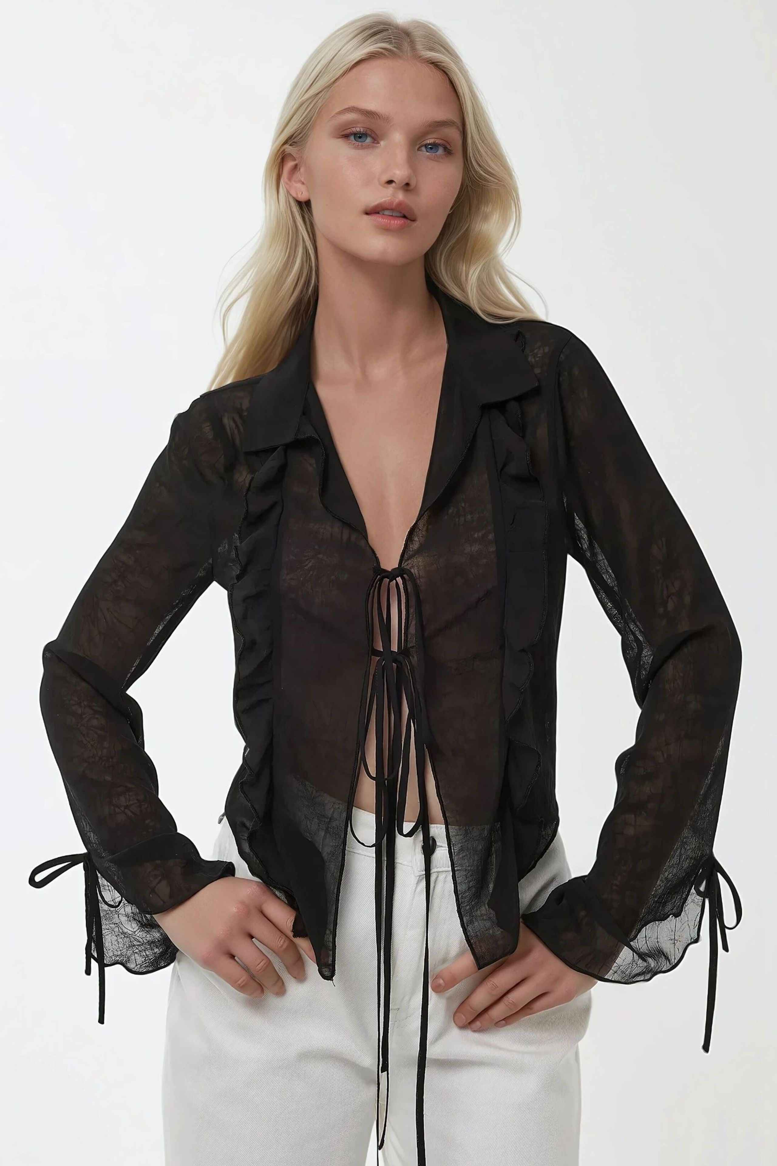 HiCCUP Black V-neck Tie-detail Long Sleeve Ruffle Blouse With