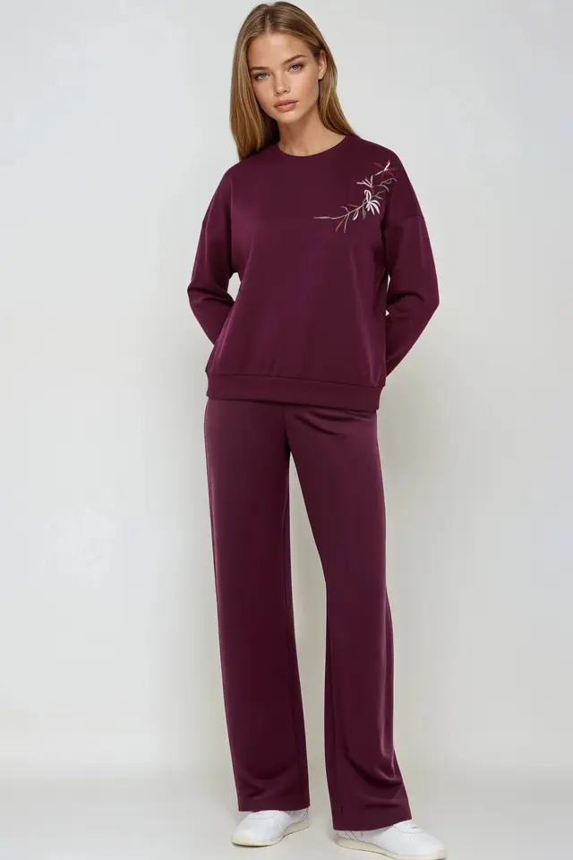 Embroidered Crew Neck Sweatshirt & Straight Leg Pants Two-Piece Set Bersan Collection