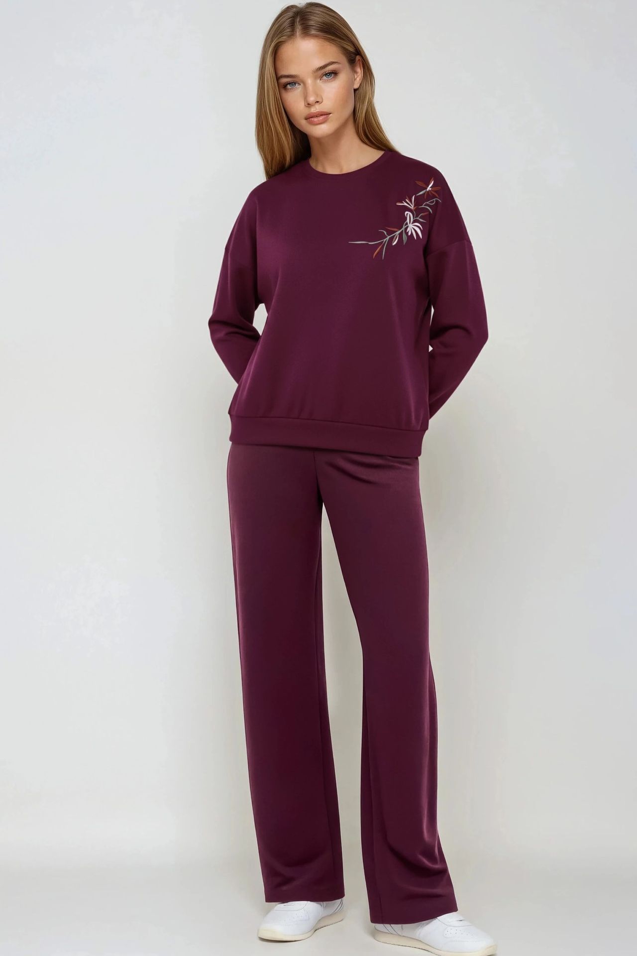 Embroidered Crew Neck Sweatshirt & Straight Leg Pants Two-Piece Set Bersan Collection 1