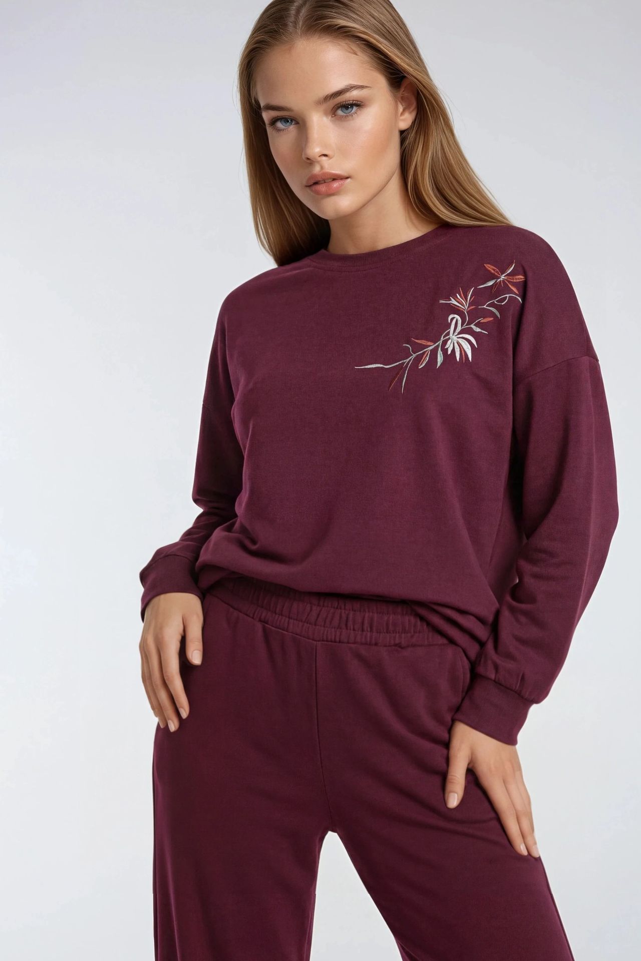 Embroidered Crew Neck Sweatshirt & Straight Leg Pants Two-Piece Set Bersan Collection 2