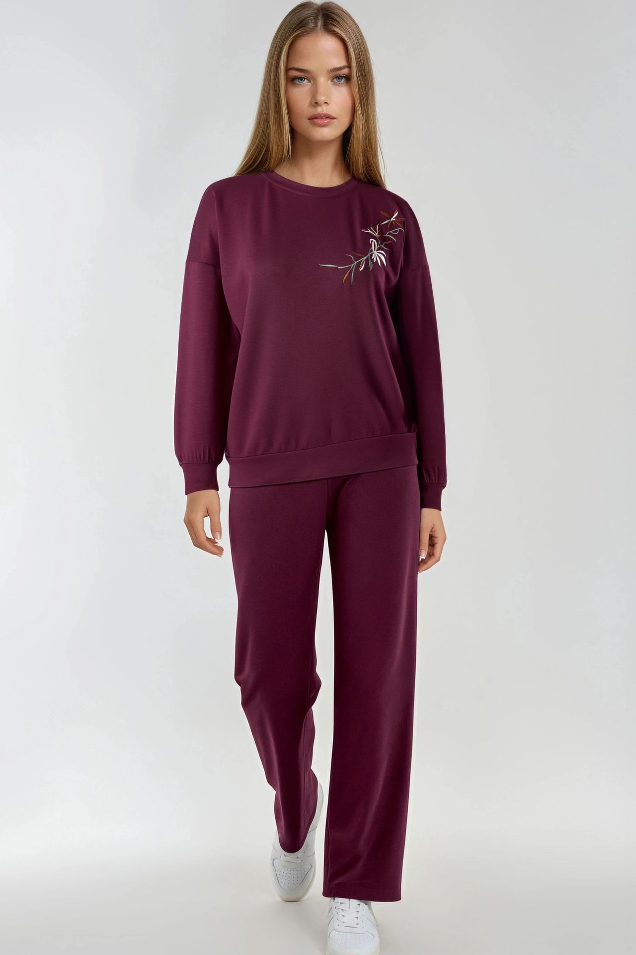 Embroidered Crew Neck Sweatshirt & Straight Leg Pants Two-Piece Set Bersan Collection 5