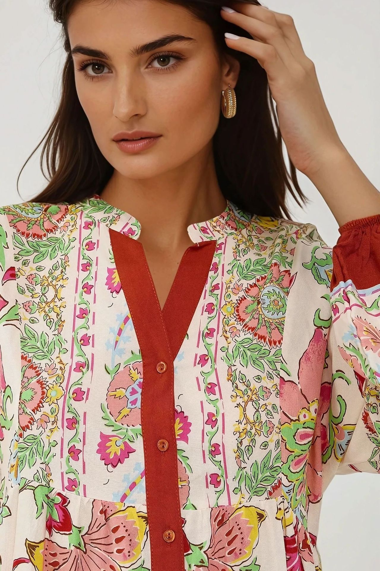 Printed Long Sleeve Viscose Maxi Dress 