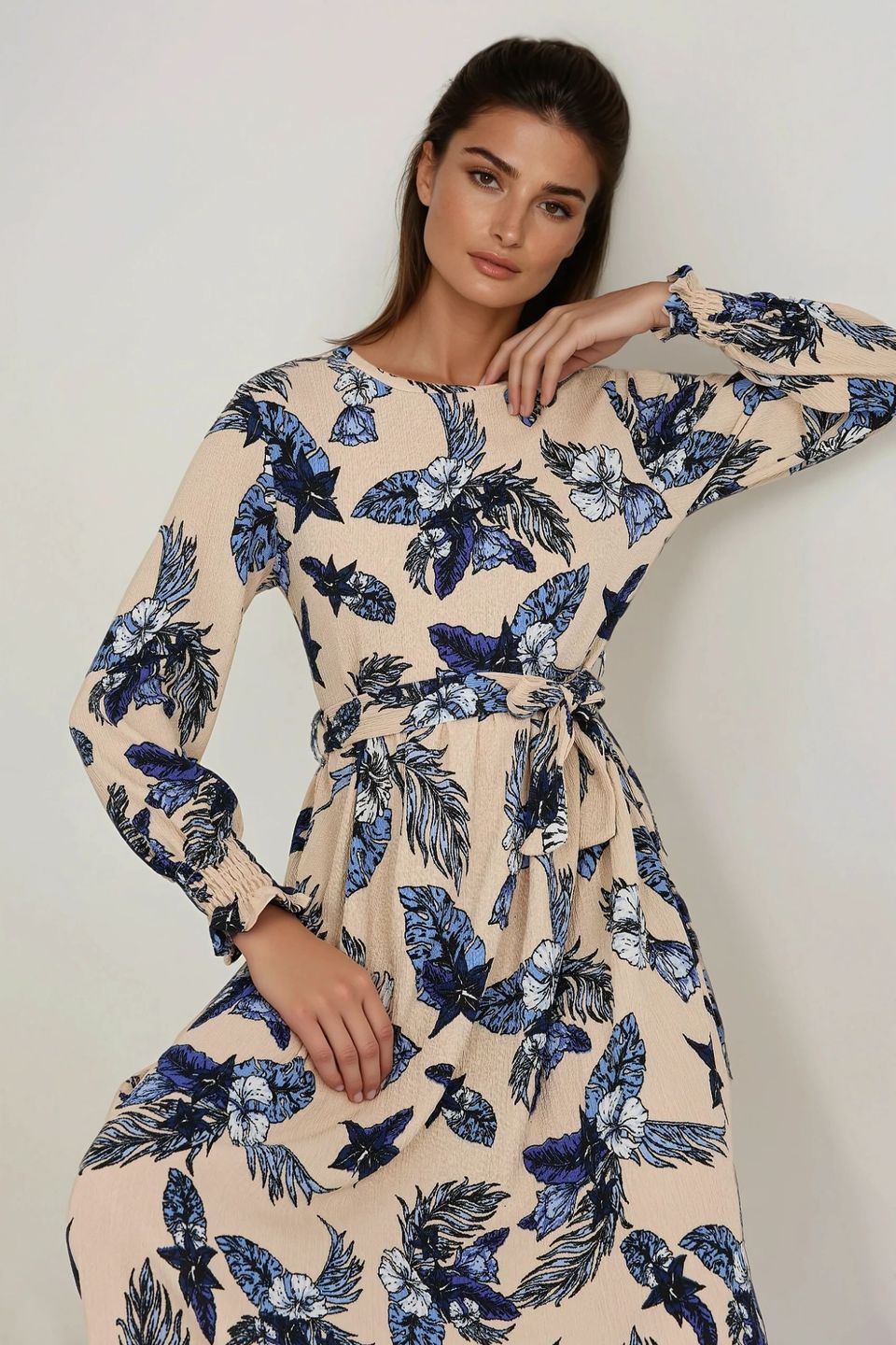 Floral Print Crew Neck Long Sleeve Maxi Dress