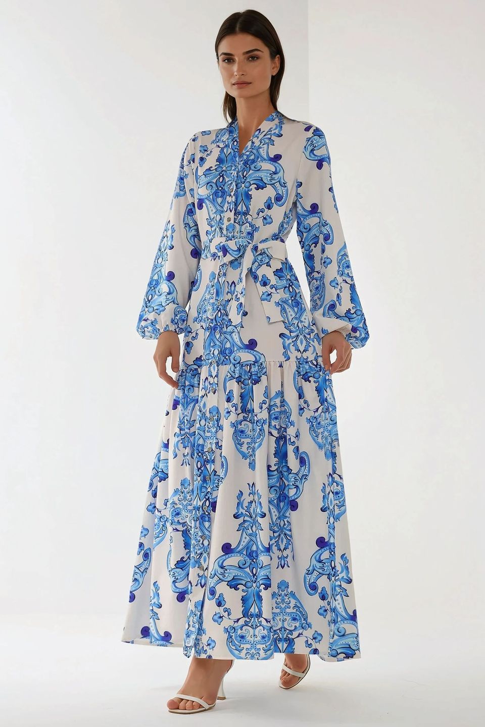 Printed Long Sleeve Maxi Dress with Belt