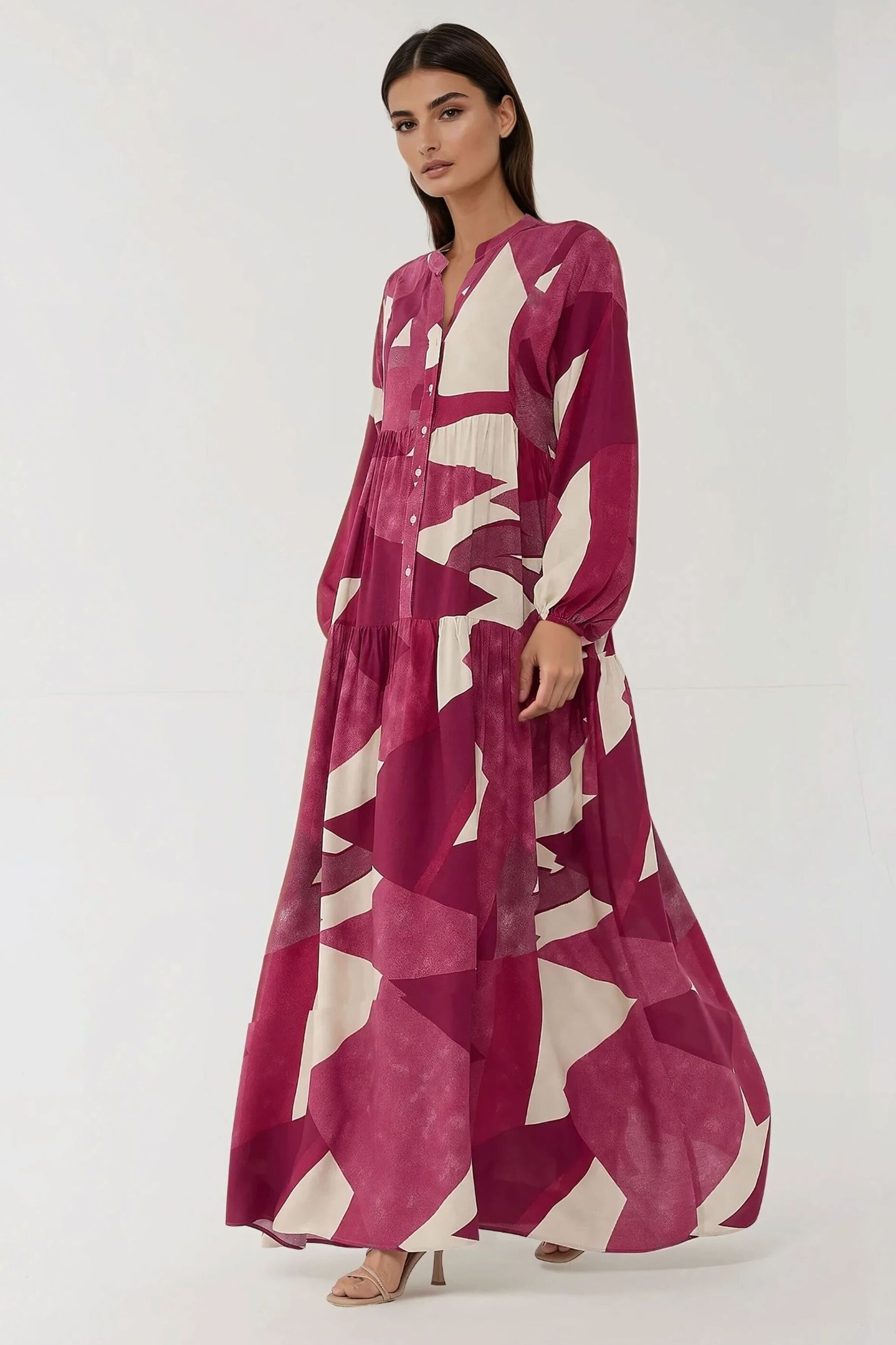 HiCCUP - Red Printed Long Sleeve Viscose Maxi Dress Women