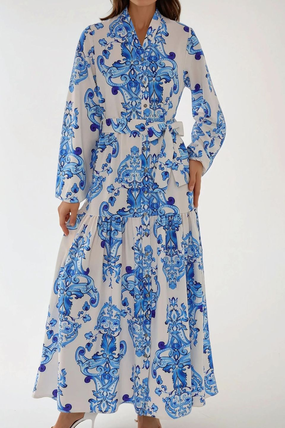 Printed Long Sleeve Maxi Dress with Belt