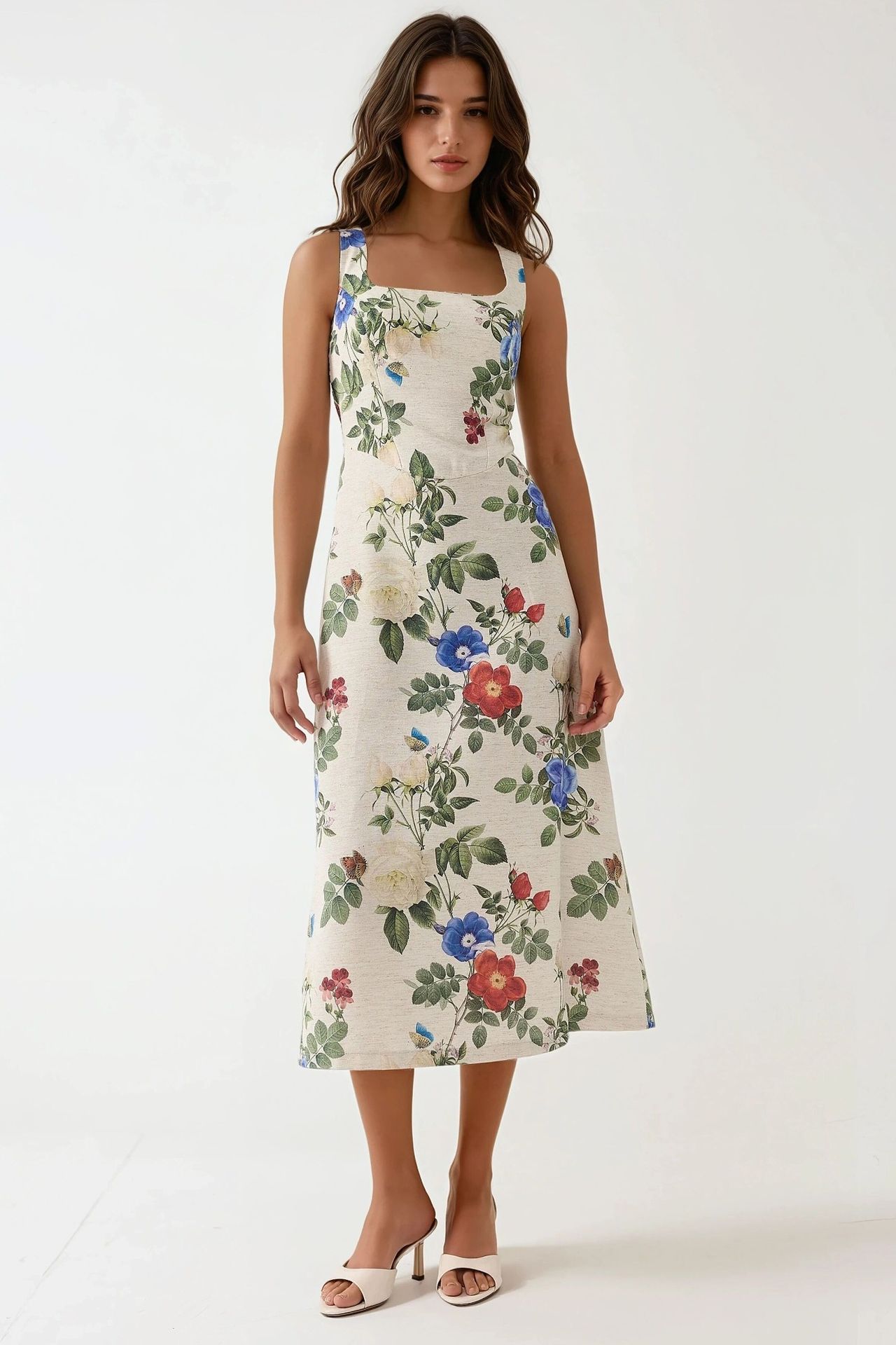 Linen Feel Allower Floral Print Maxi Dress with Back Elastic Detail