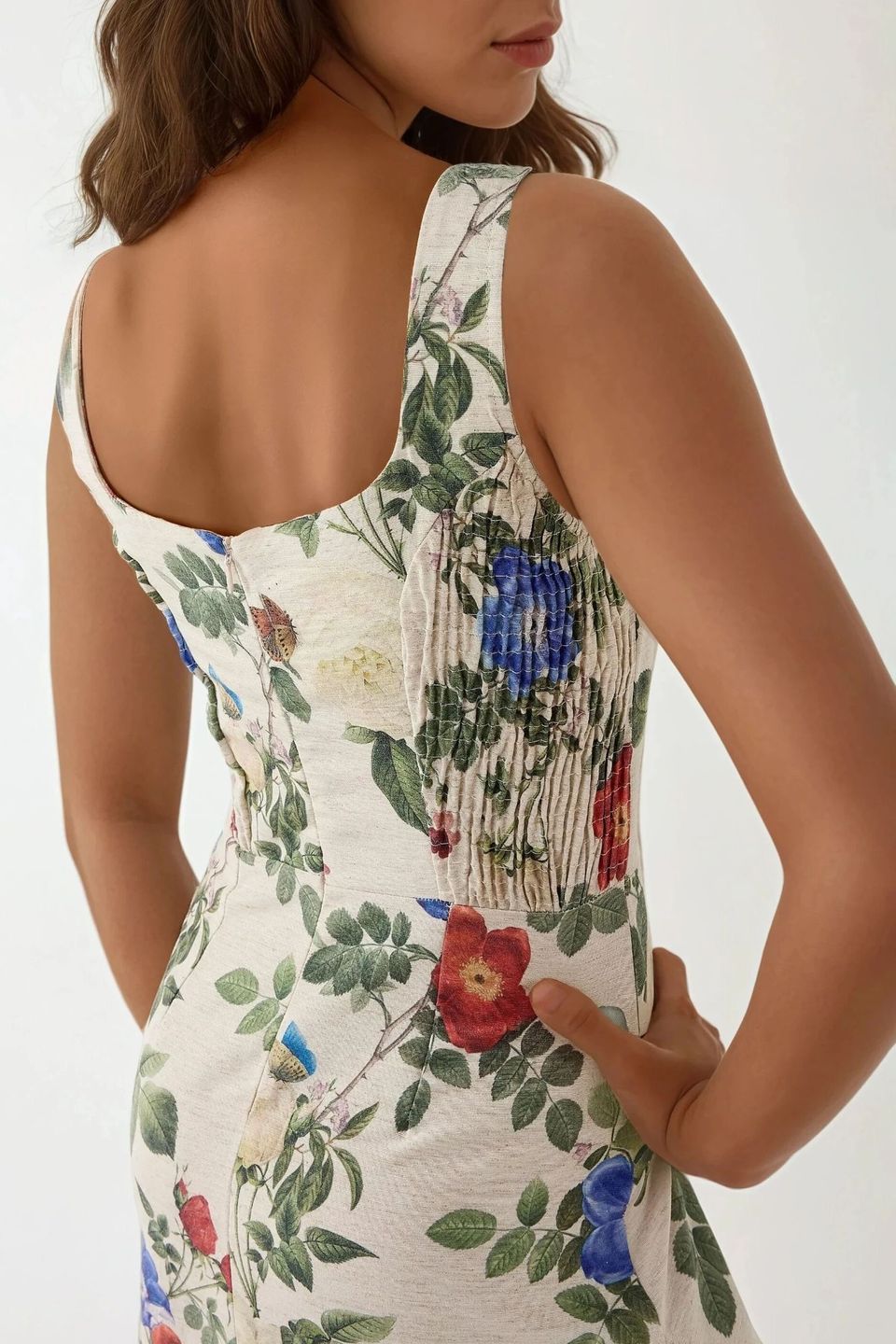 Linen Feel Allower Floral Print Maxi Dress with Back Elastic Detail