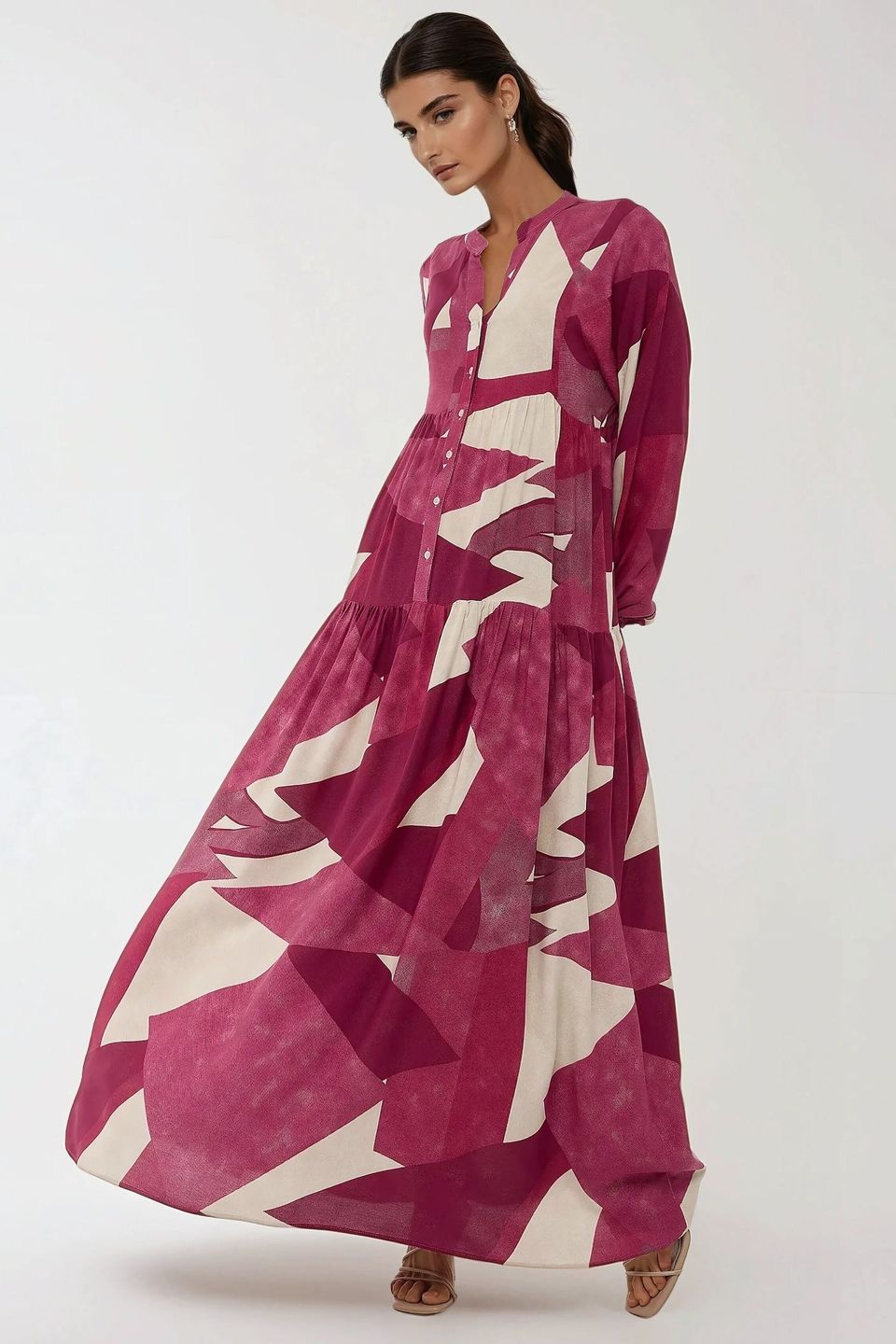 Printed Long Sleeve Viscose Maxi Dress 