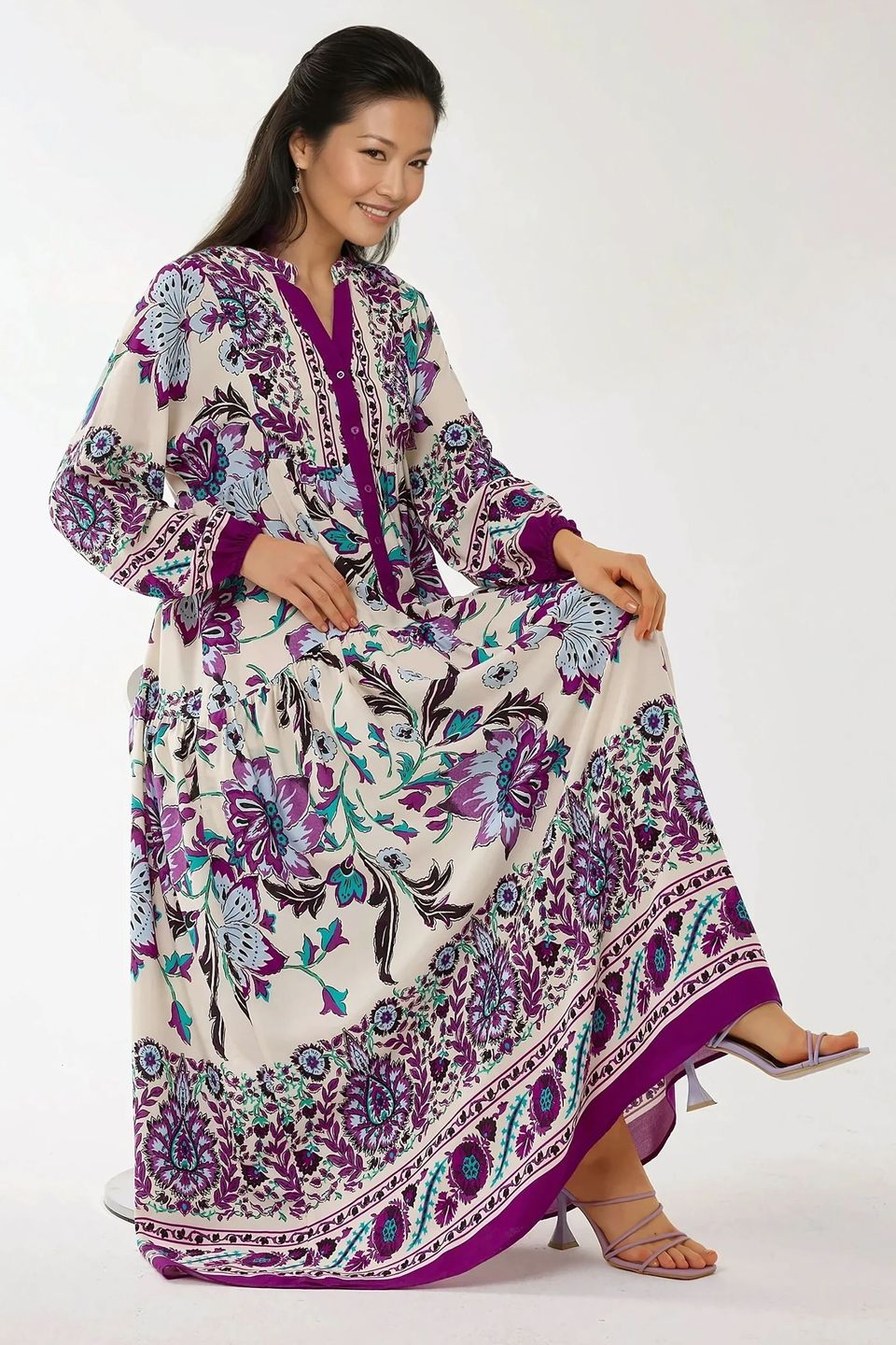 Printed Long Sleeve Viscose Maxi Dress 