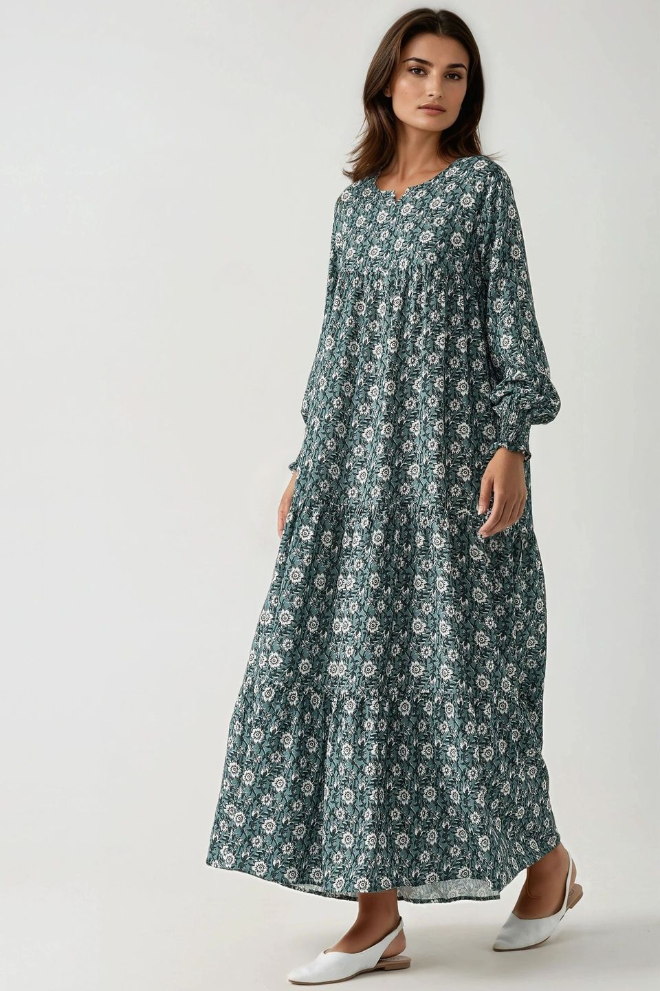 Printed Crew Neck Viscose Maxi Dress