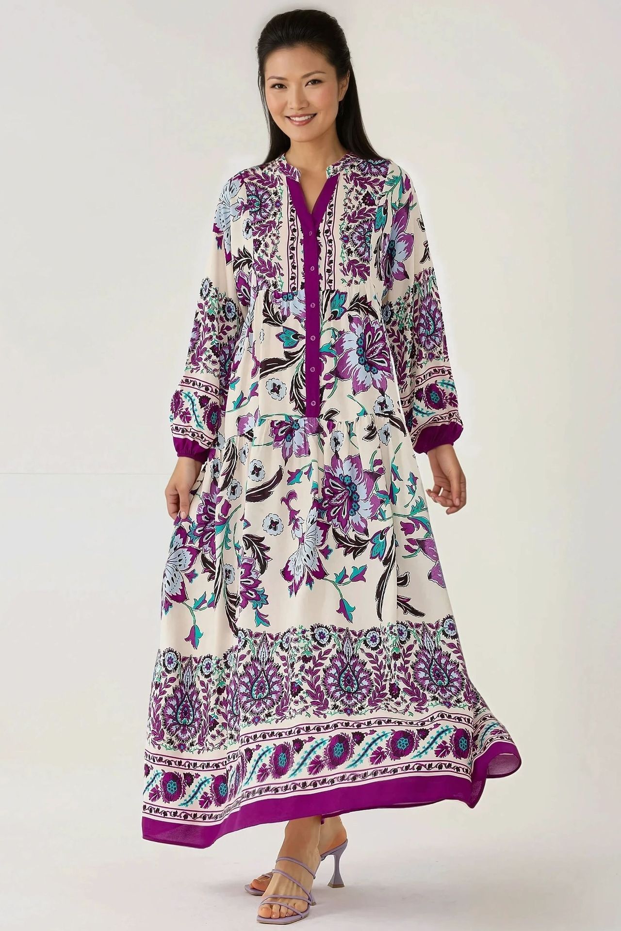 Printed Long Sleeve Viscose Maxi Dress 