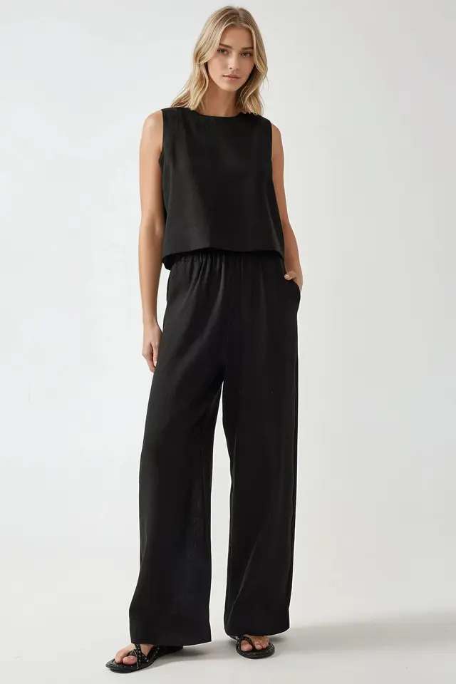Linen Feel Blouse & Elastic Waist Pants Two-Piece Coord Set