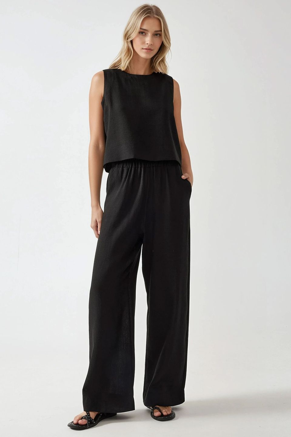 Linen Feel Blouse & Elastic Waist Pants Two-Piece Coord Set