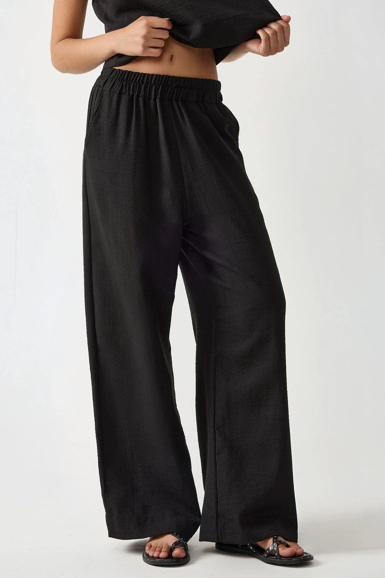 Linen Feel Blouse & Elastic Waist Pants Two-Piece Coord Set