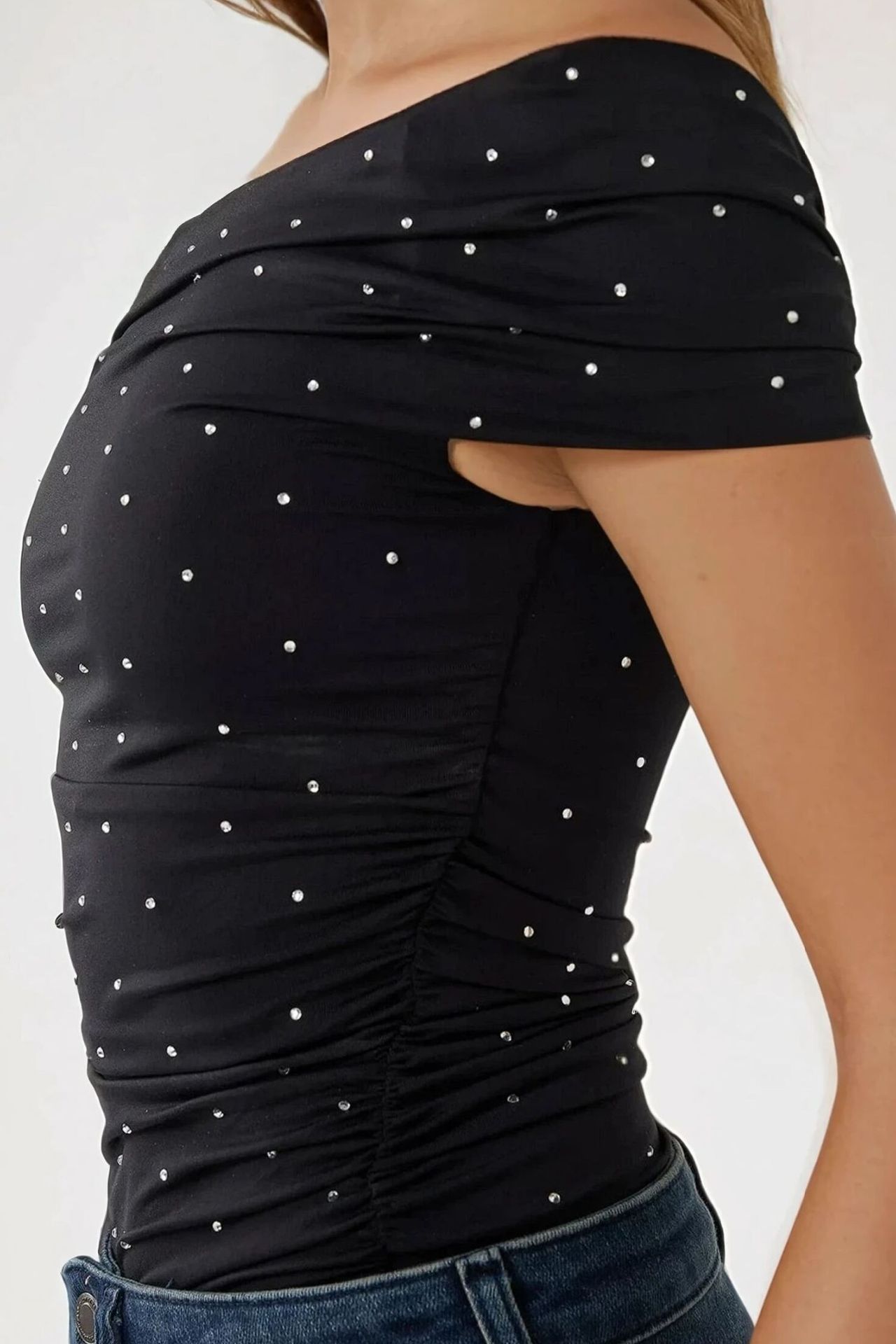 Elegant Rhinestone Embroidered Boat Neck Top