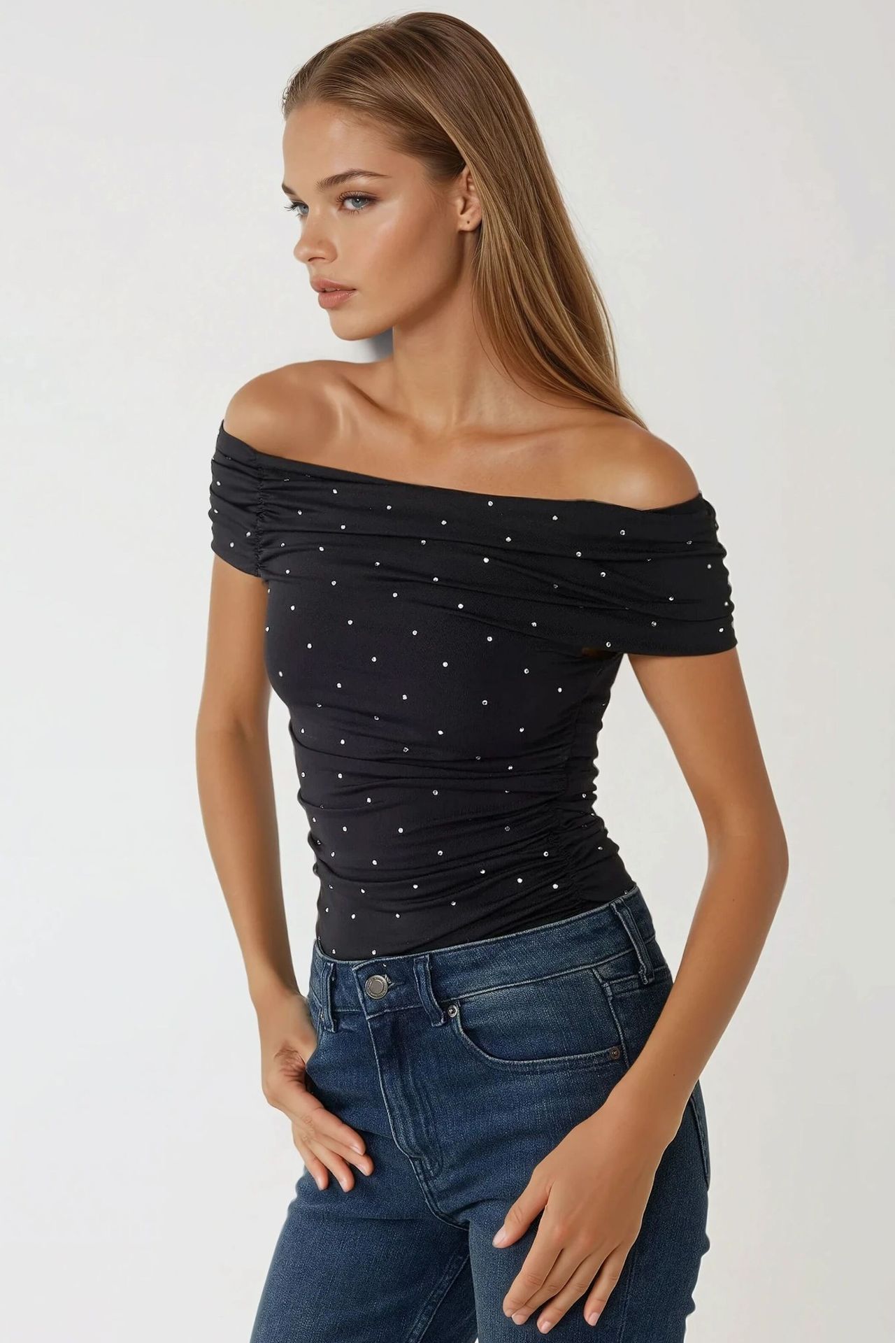 Elegant Rhinestone Embroidered Boat Neck Top