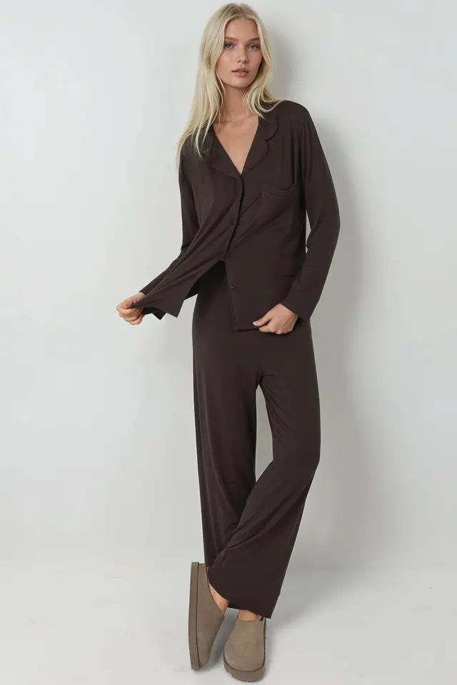 Button-Up Long Sleeve Pajama Set with Shirt Collar