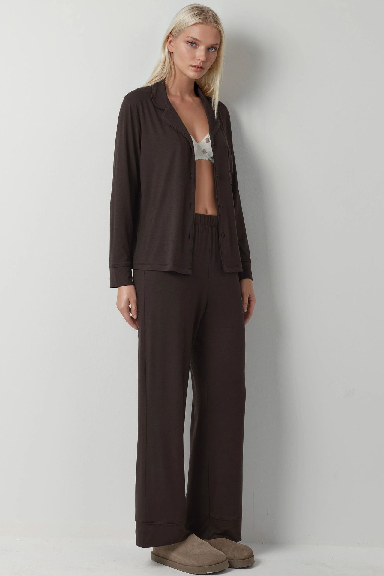 Button-Up Long Sleeve Pajama Set with Shirt Collar 3
