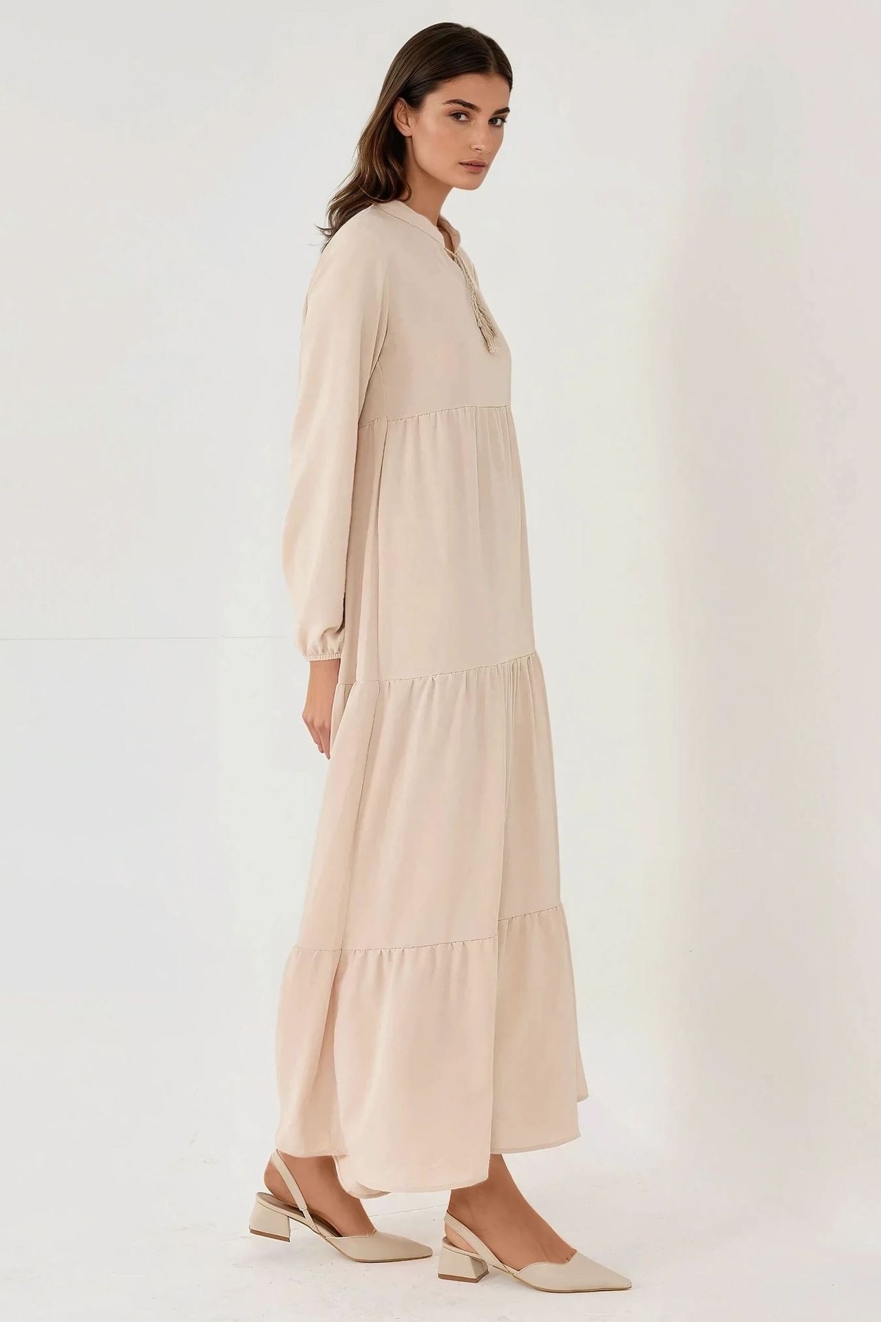 Textured Crew Neck Maxi Dress with Buttons
