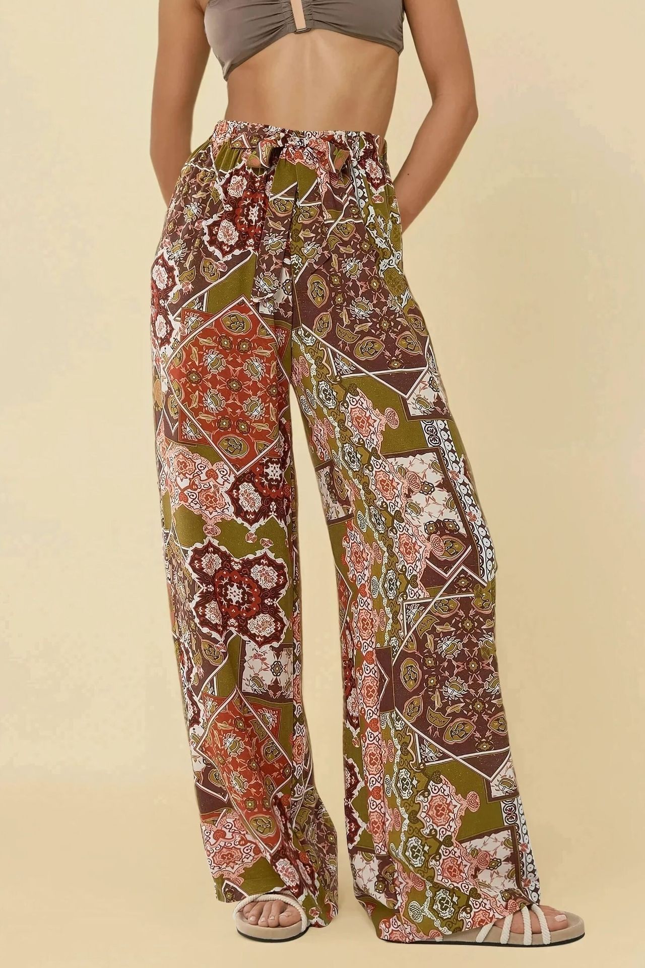 Wide Leg Elastic Waist Printed Pants