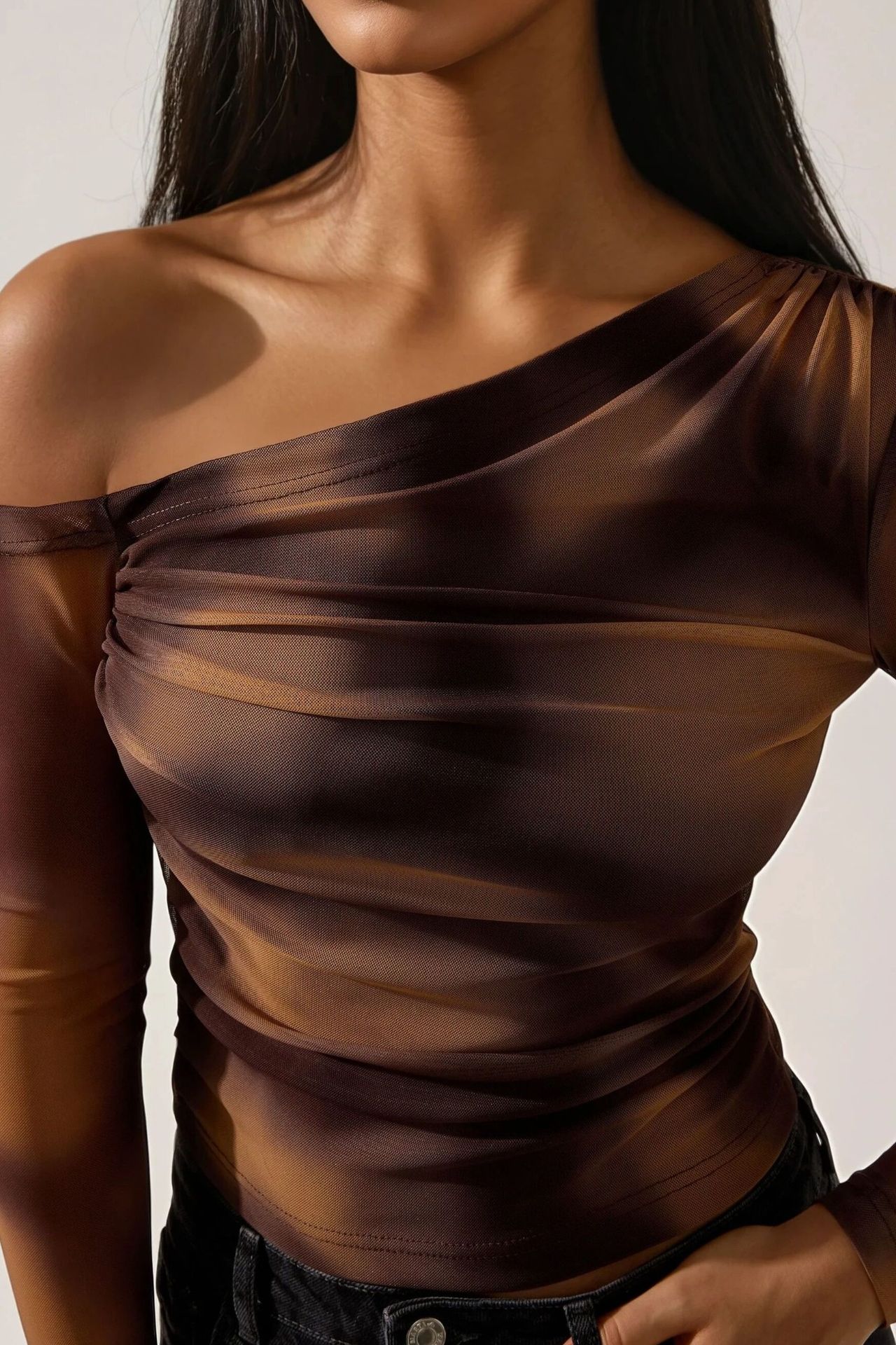 Asymmetrical Collar Tulle Blouse 3