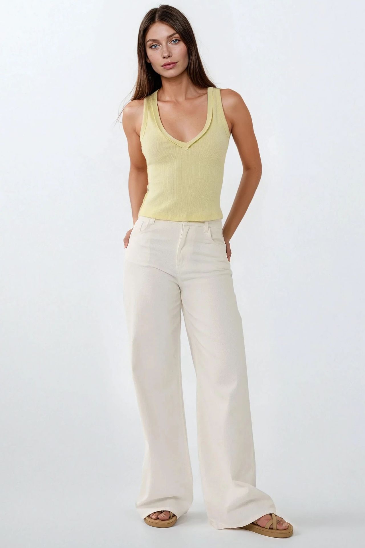 Stitch Detail Textured V-Neck Sleeveless Slim Fit Top