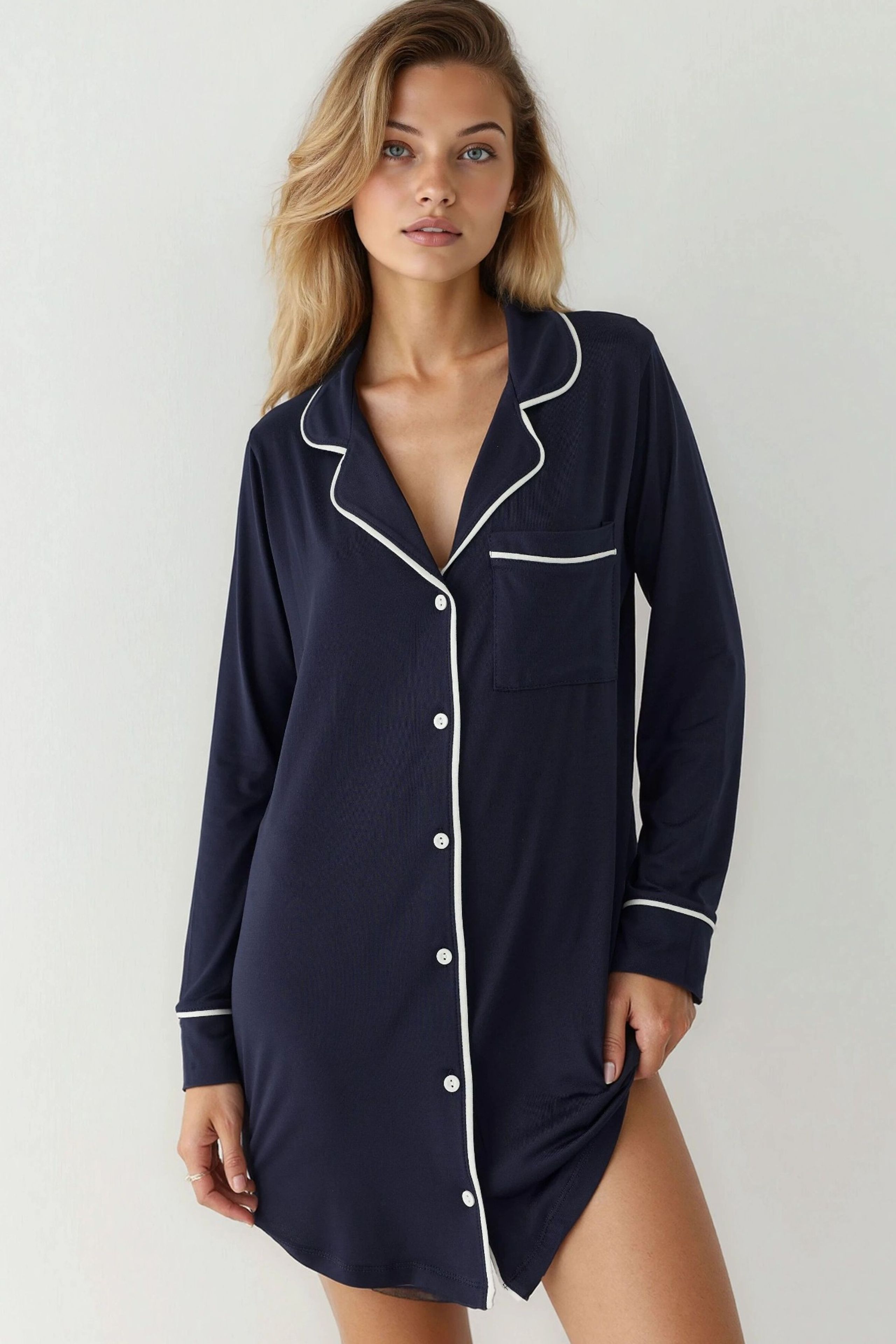 Navy Blue Extra Soft Touch Relaxed Fit Mini Lounge Dress With Shirt Collar  Women