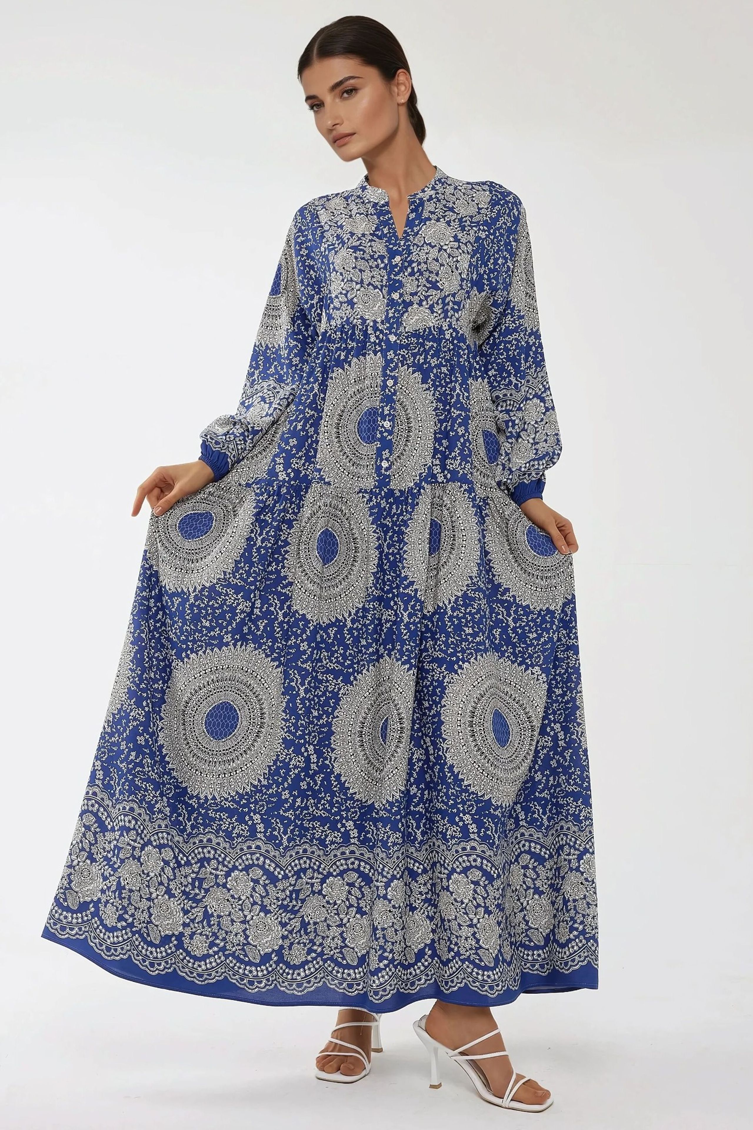HiCCUP - Navy Blue Printed Long Sleeve Viscose Maxi Dress Women