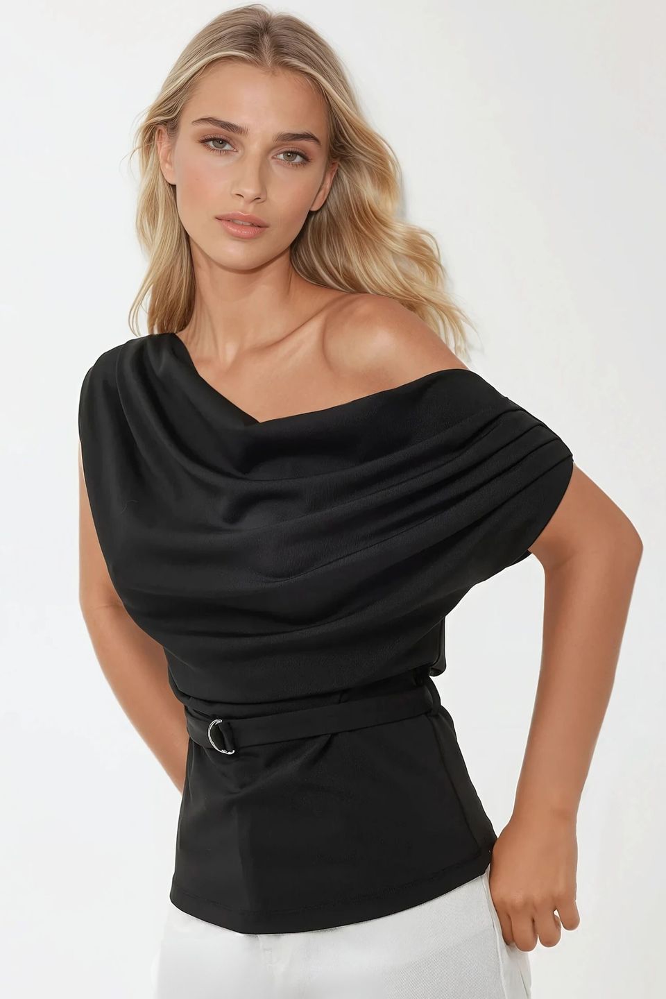 Shawl Collar Drapped Belted Top